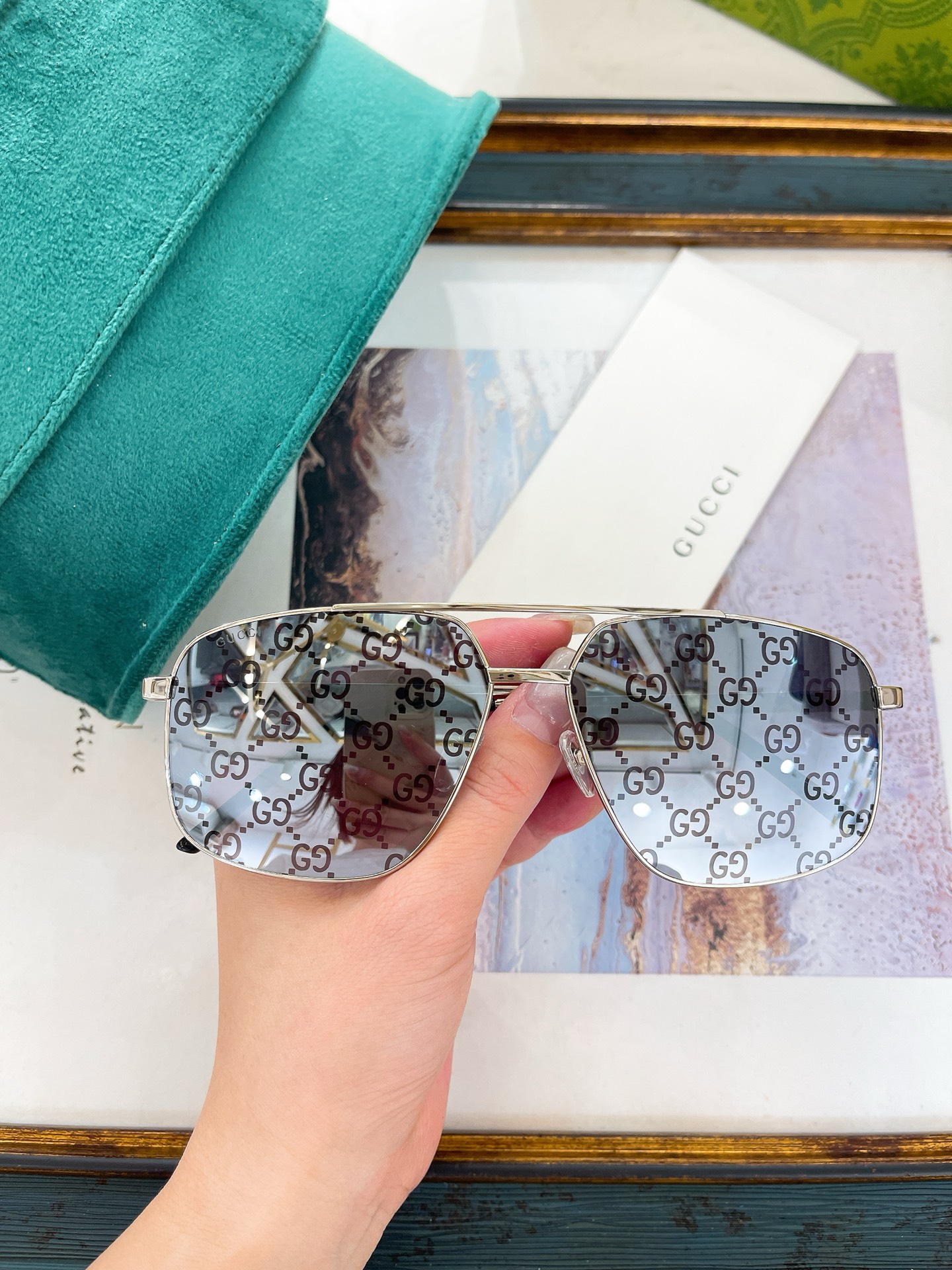 Gucci Aviator - Style Silver - Tone Metal Sunglasses with GG - Printed Mirrored Lenses (Model: GG9876S)