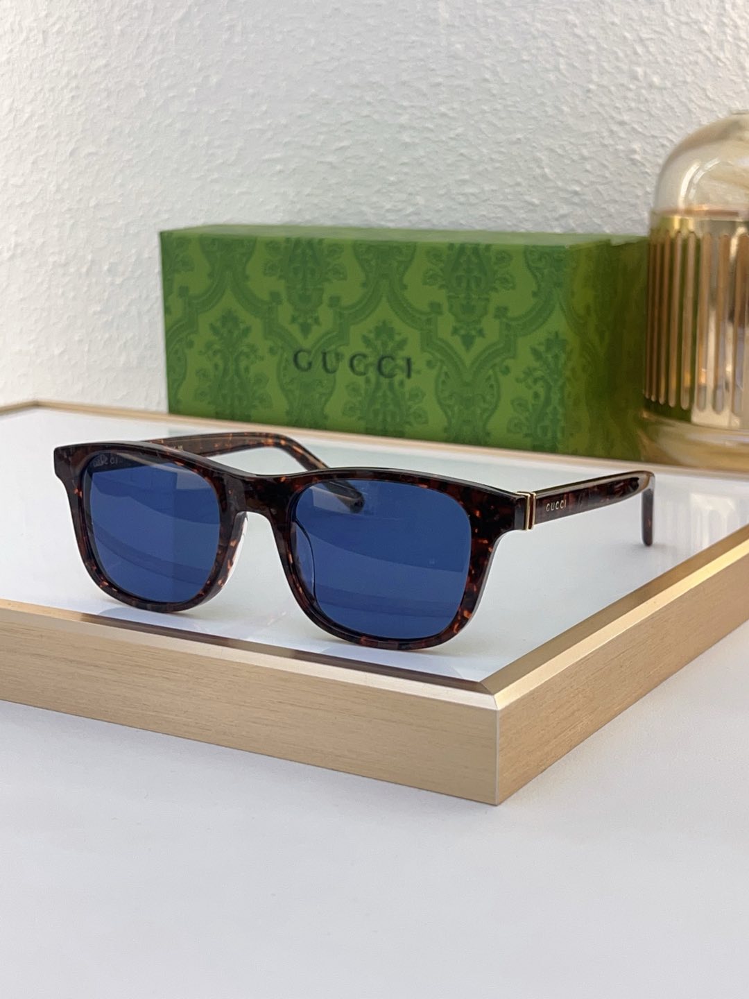 Gucci Square Tortoise - Effect Acetate Sunglasses with Blue Lenses & Metal Accents (Model: GG5200S)