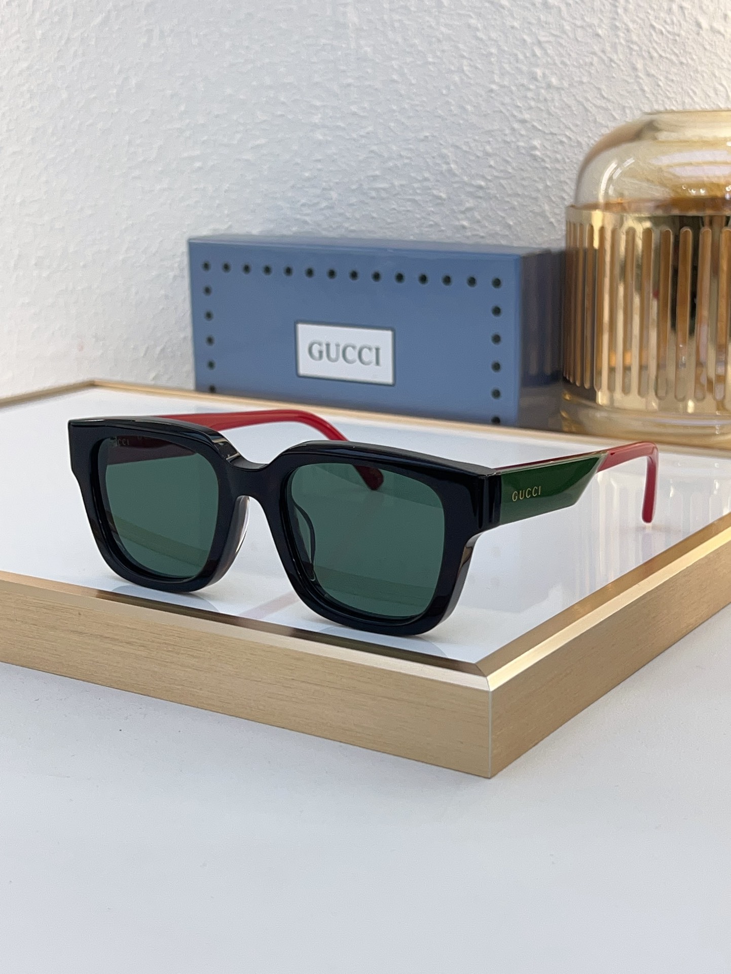 Gucci Square Acetate Sunglasses with Web Stripe Temples & Green Lenses (Model: GG5000S)