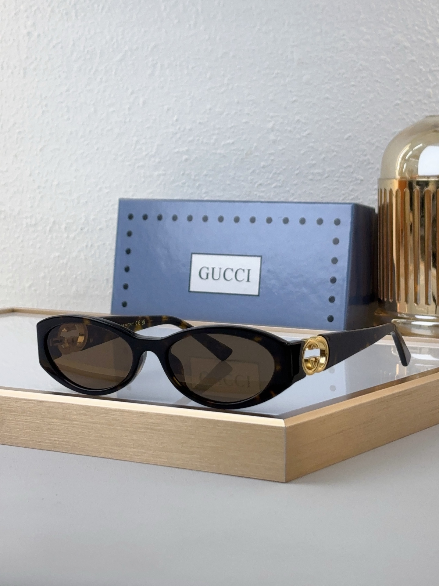 Gucci Oval Sunglasses with Tortoise - Effect Acetate Frame & Gold - Tone Double G Accents (Model: GG3600S)