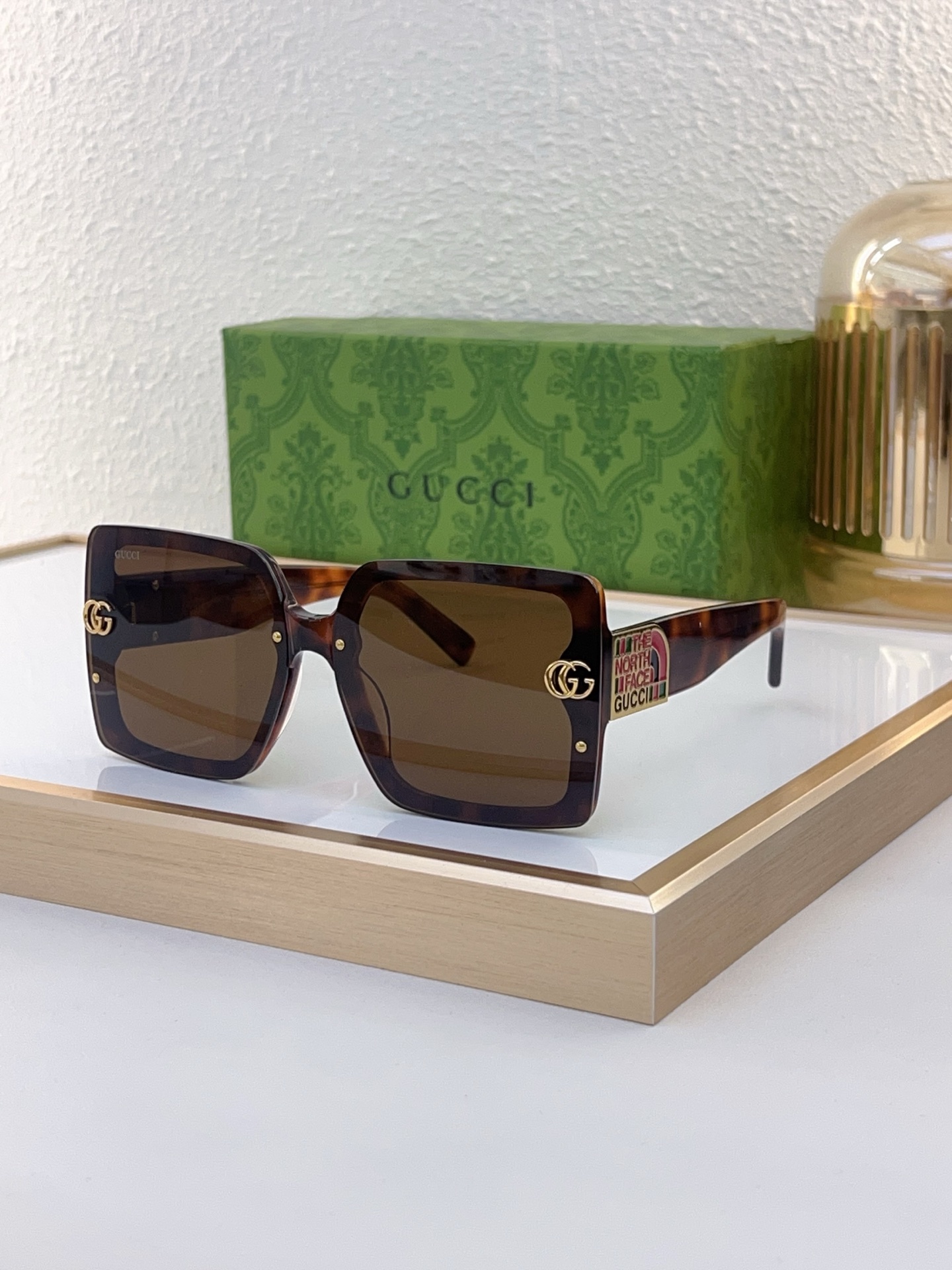 Gucci Square Sunglasses with Gradient Green Acetate Frame, Gold - Tone Double G & Collaborative Branding (Model: GG2800S)
