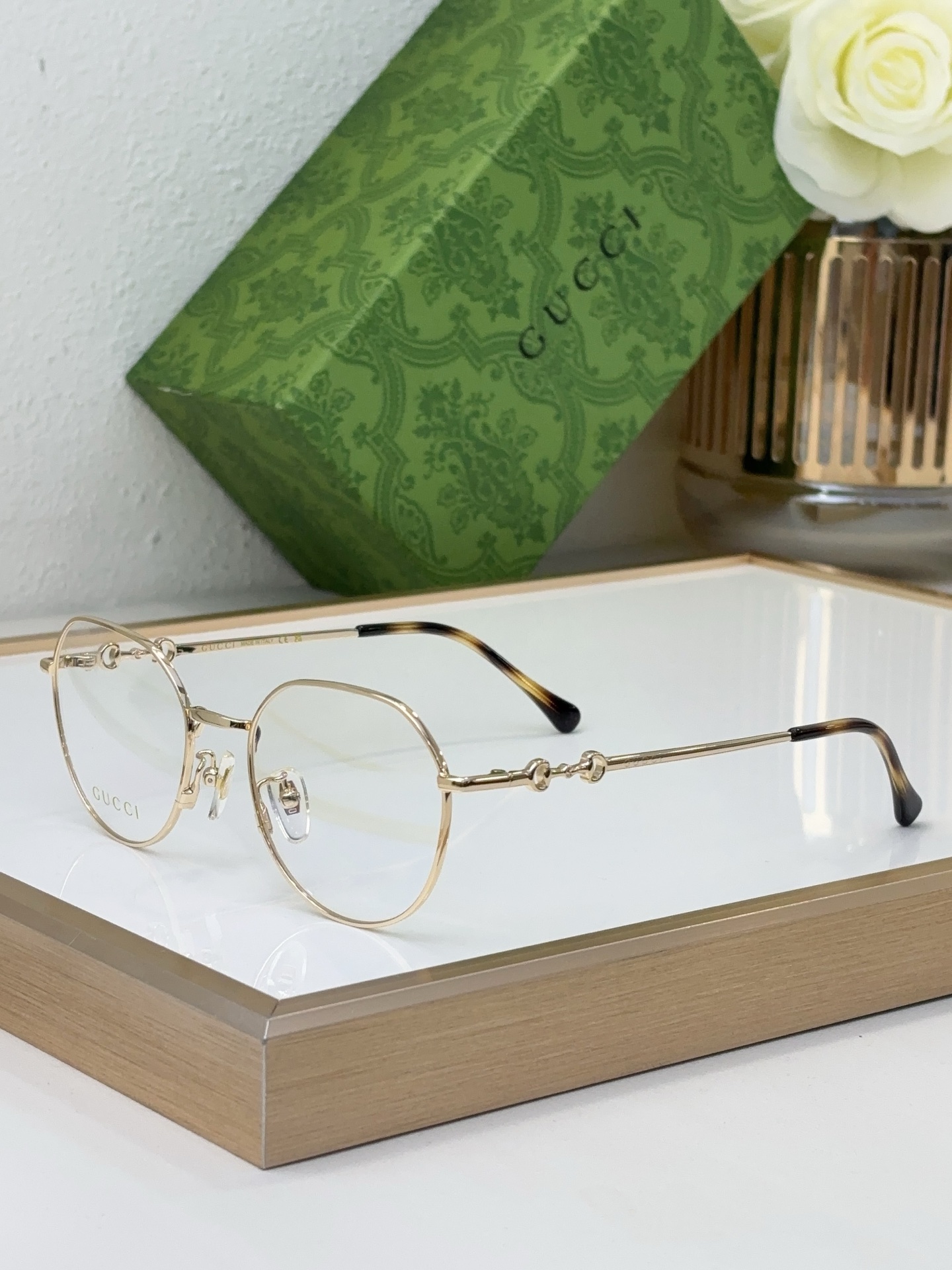 Gucci Round - Hexagonal Metal Optical Eyeglasses with Chain - Link Temples (Model: GG0980O)