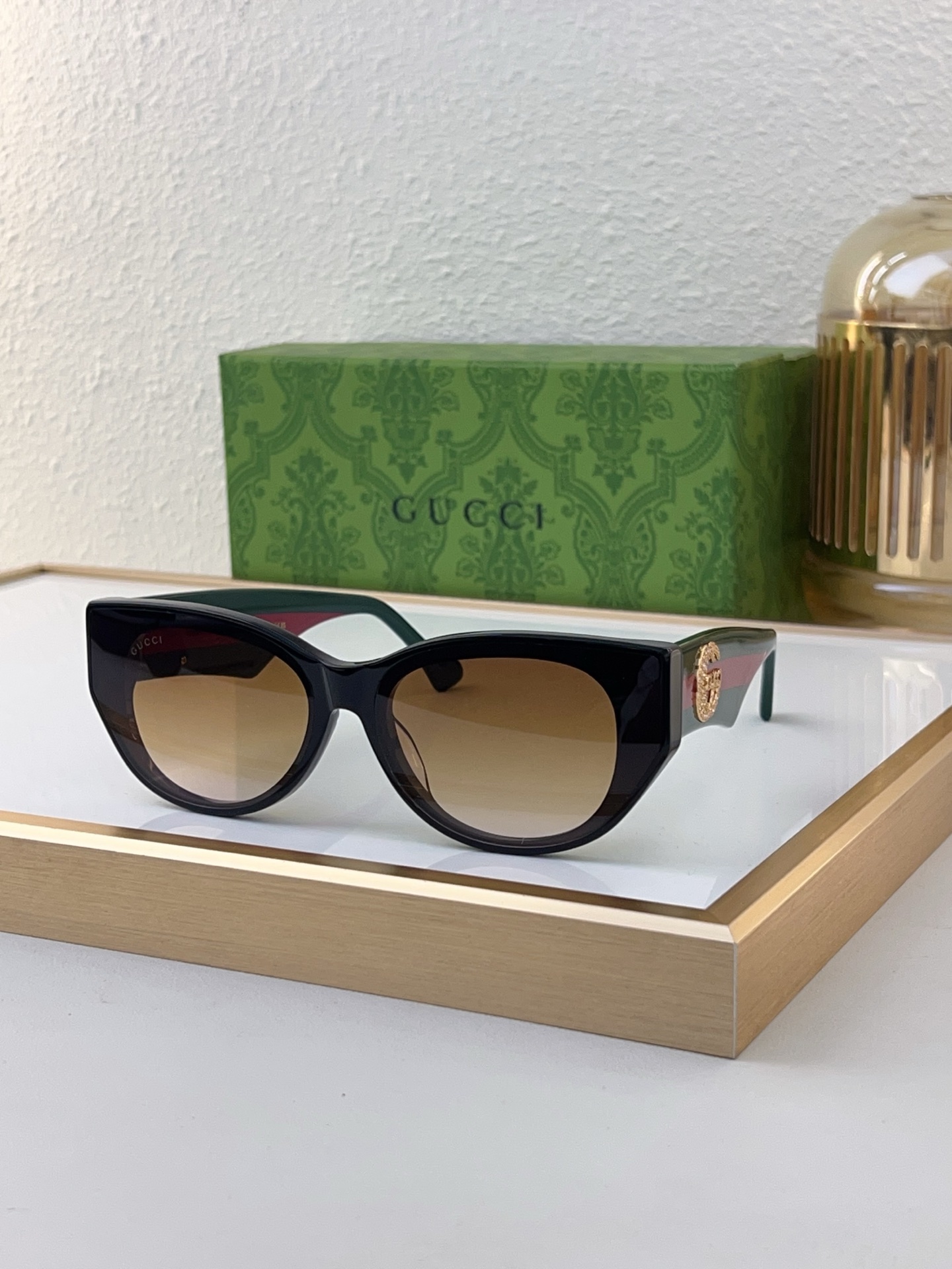 Gucci Cat - Eye Sunglasses with Green - Red Web Stripe Temples & Gold - Tone Crest Accents (Model: GG2400S)