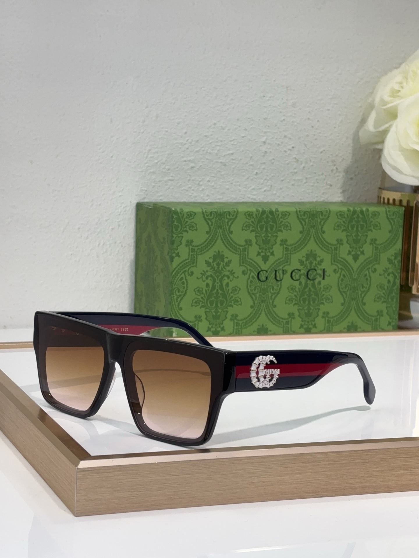 Gucci Square Sunglasses with Web Stripe Temples & Crystal - Embellished Accents (Model: GG2200S)