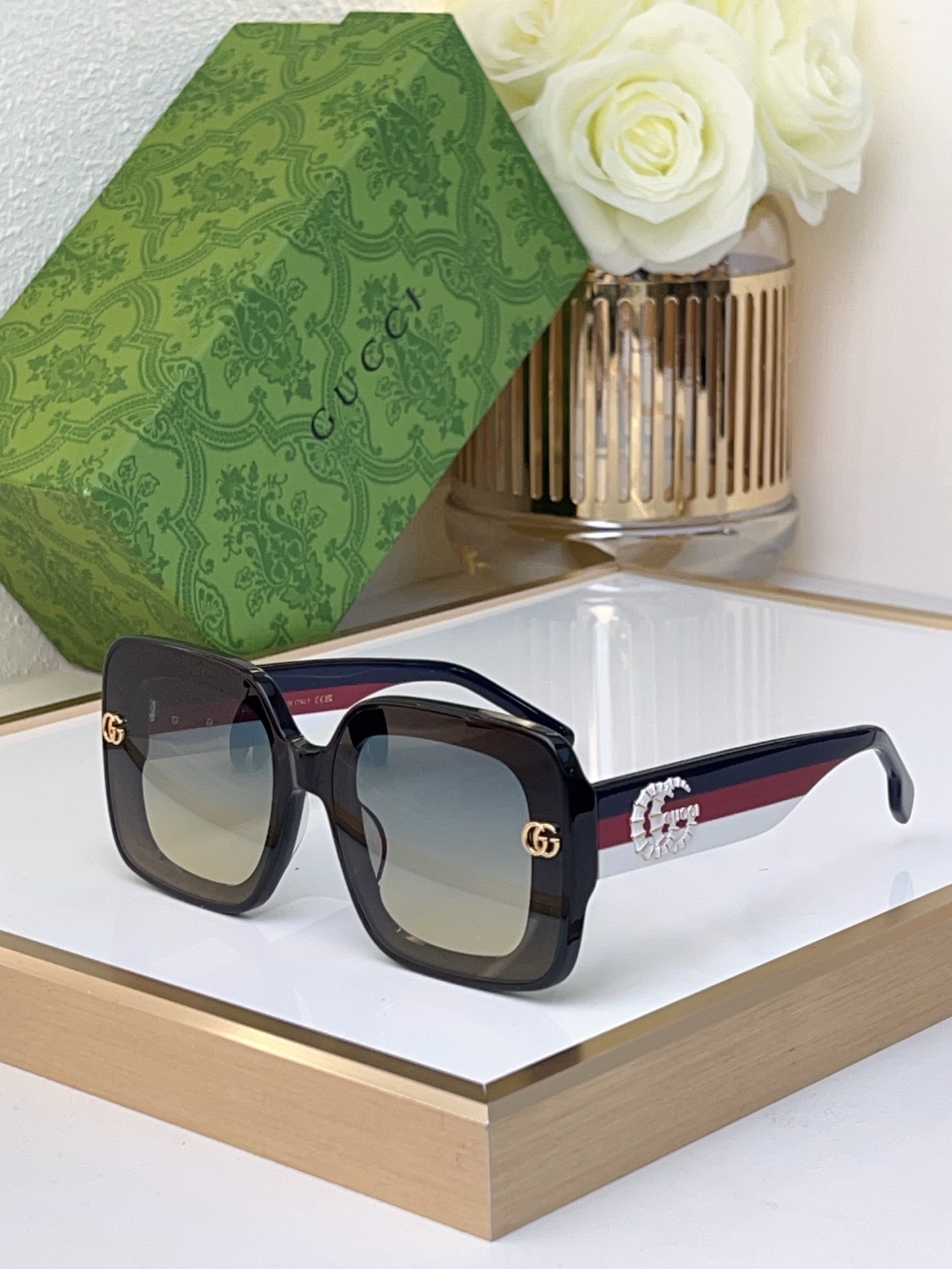 Gucci Square Sunglasses with Gradient Acetate Frame, Web Stripe Temples & Gold - Tone Double G Accents (Model: GG2100S)