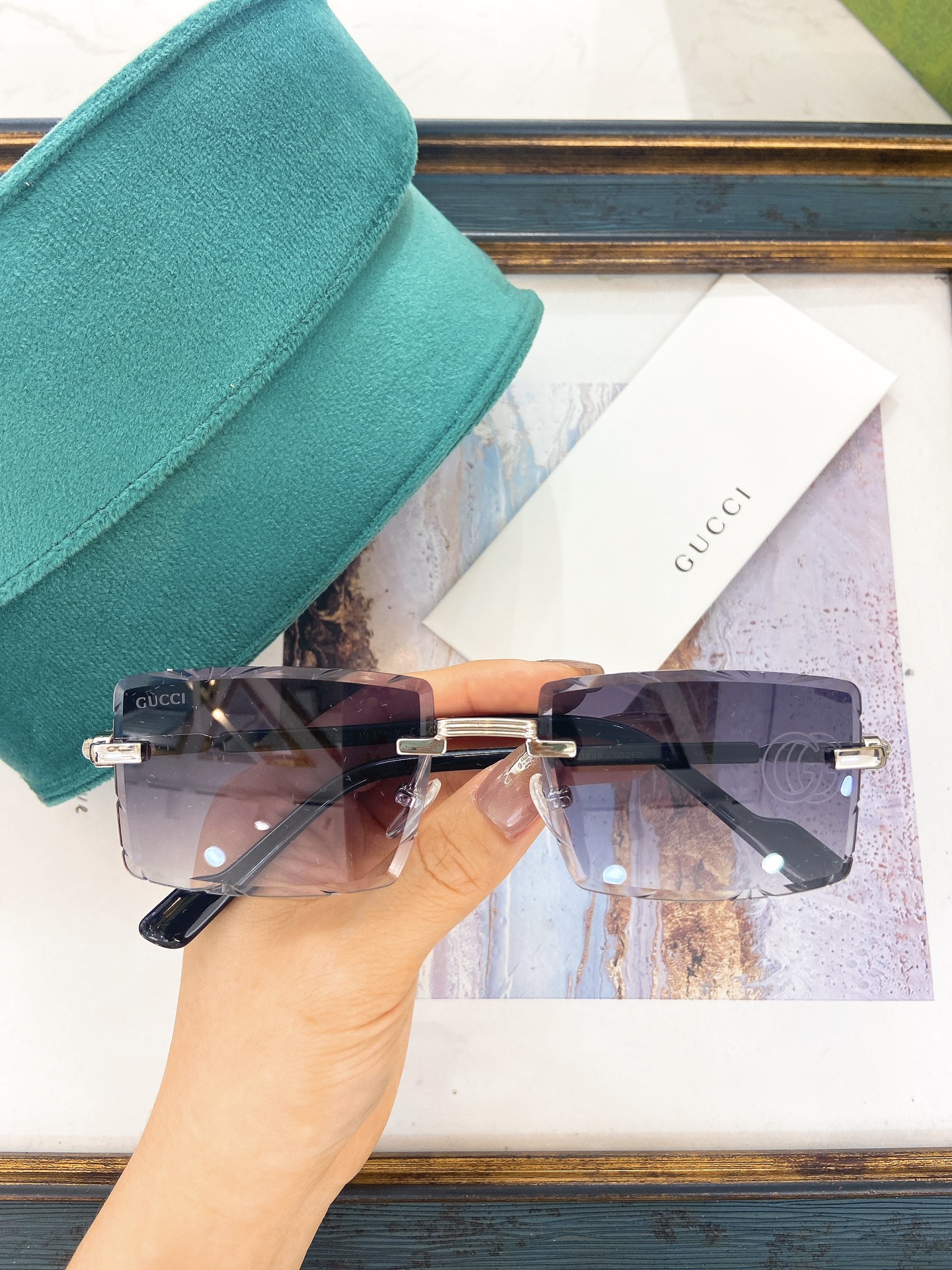 Gucci Rimless Square Sunglasses with Silver - Tone Metal Frame & Gradient Gray Lenses (Model: GG1450S)