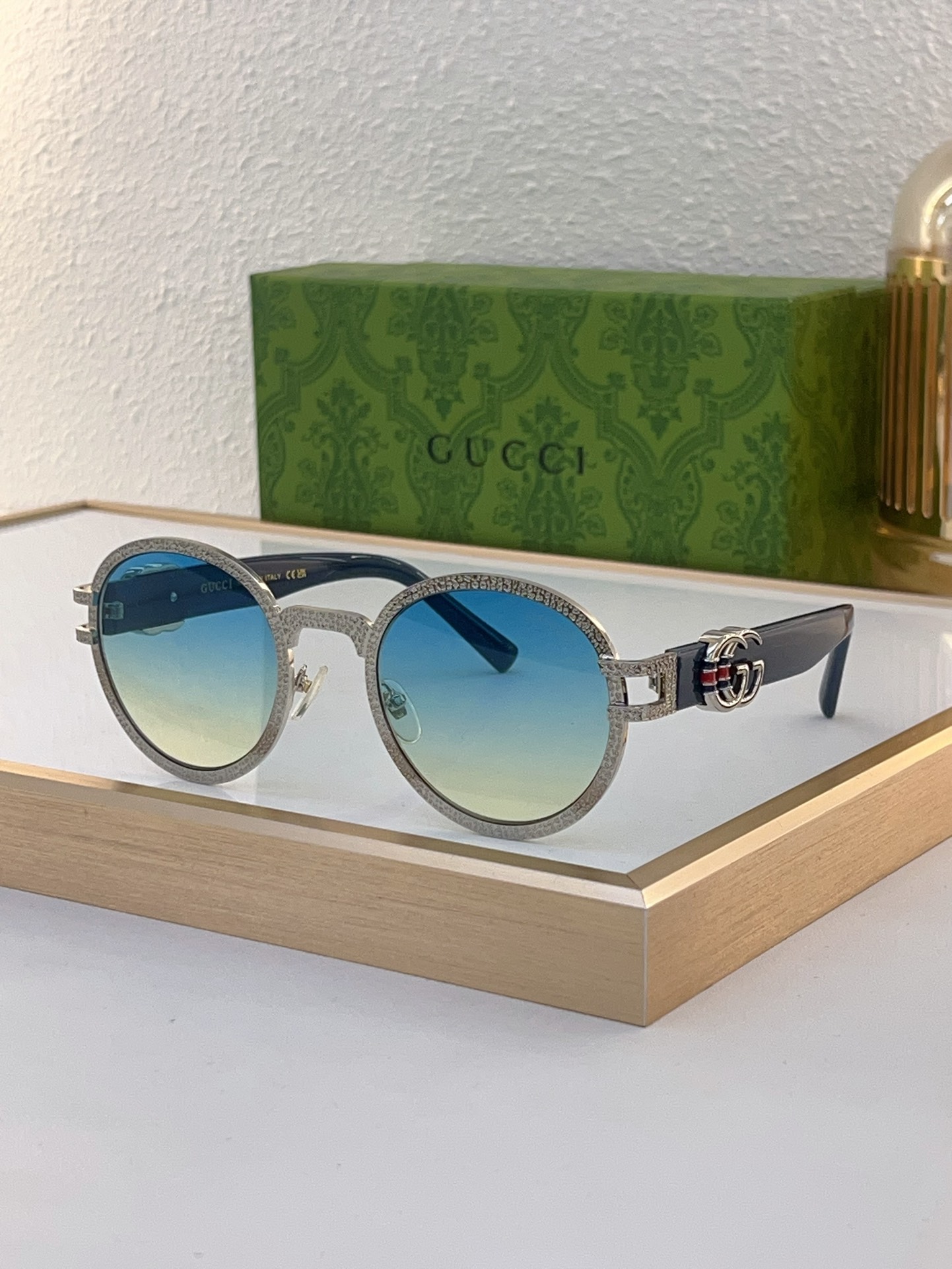 Gucci Round Sunglasses with Textured Silver - Tone Frame & Double G Accents (Model: GG1400S)