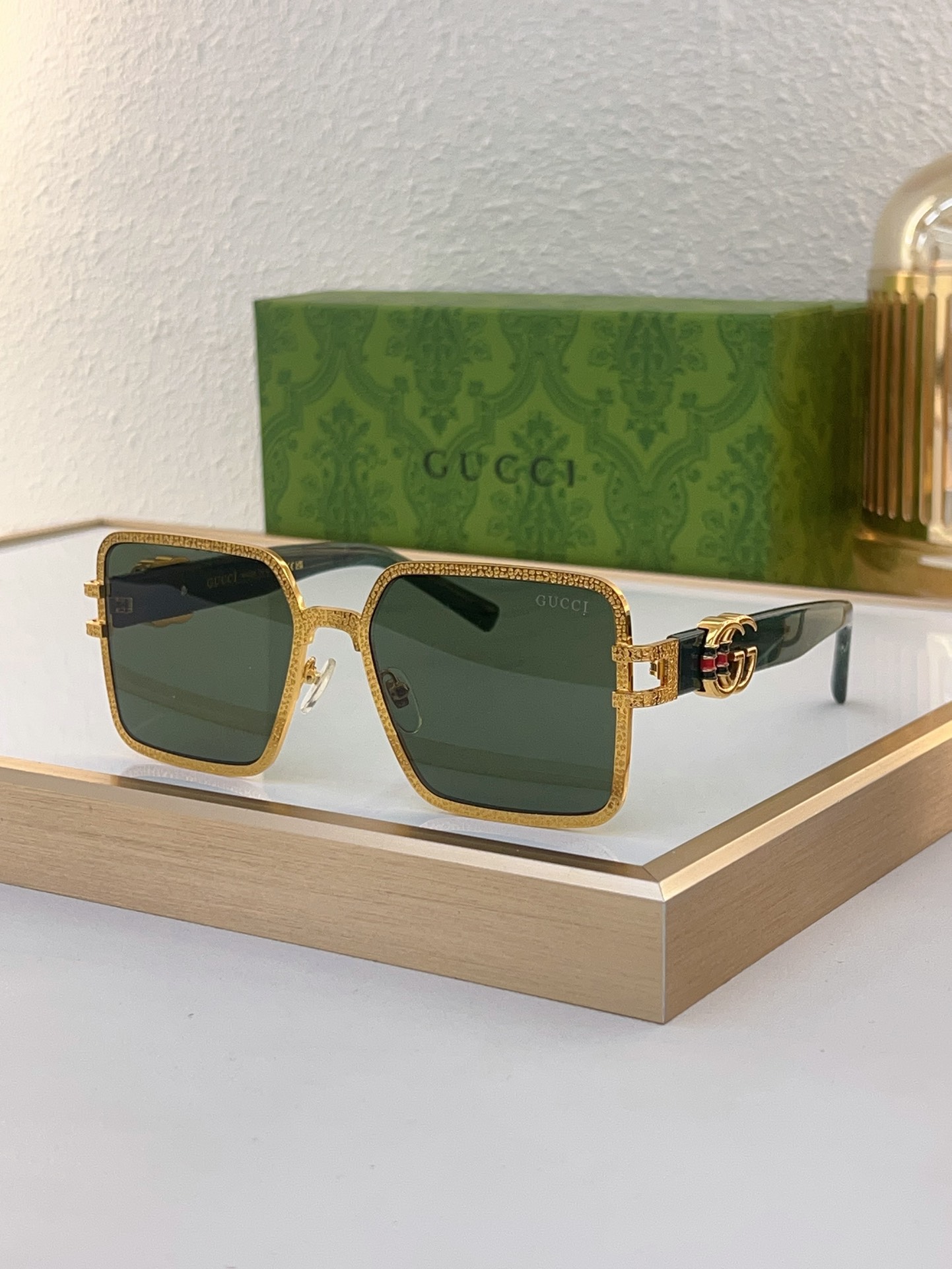 Gucci Square - Frame Sunglasses with Textured Gold - Tone Metal & Web - Stripe Accents (Model: GG1360S)