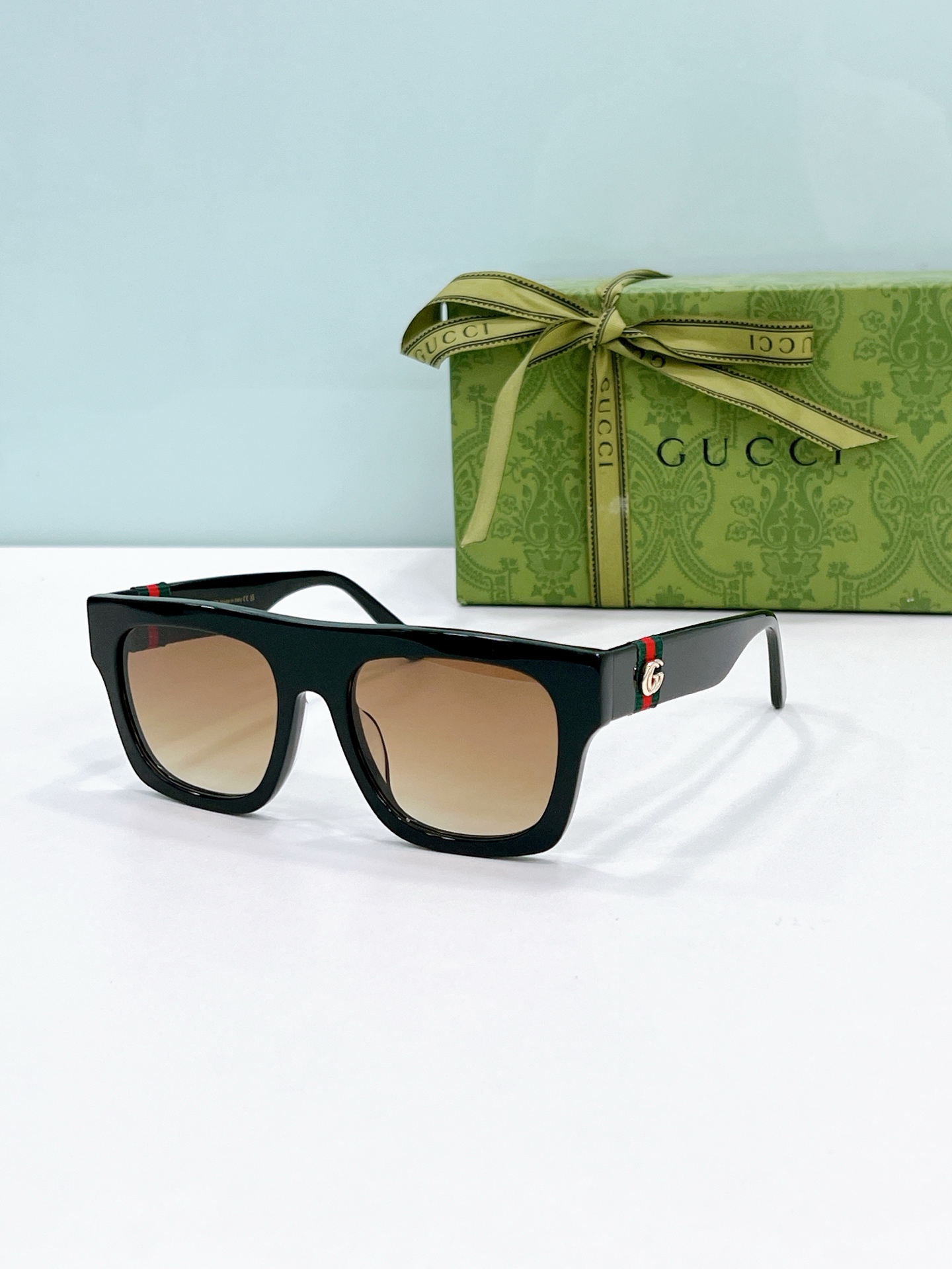 Gucci Square - Frame Sunglasses in Dark Green Acetate with Web Stripe & Silver GG Accents (Model: GG1325S)