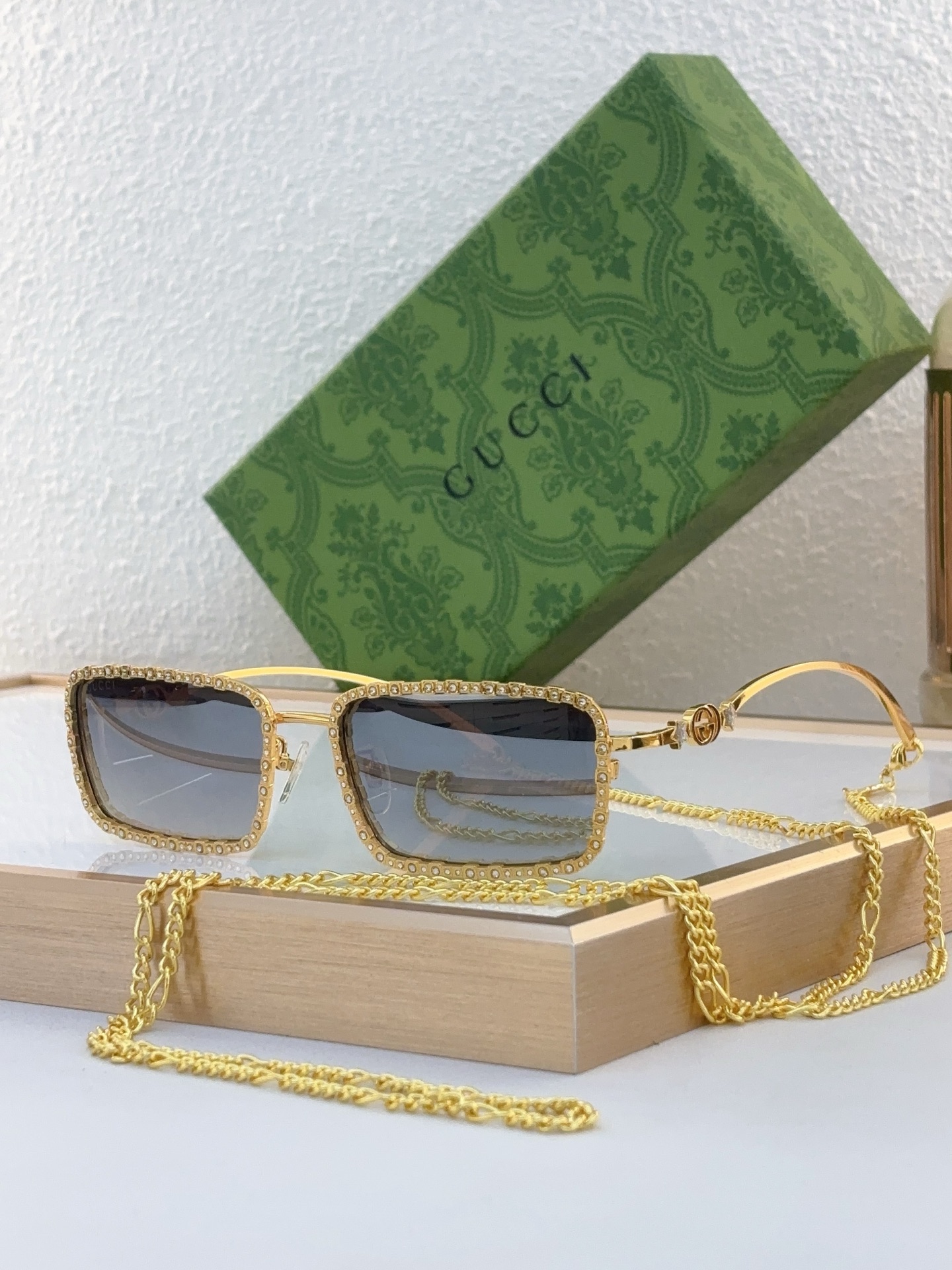 Gucci Square - Frame Sunglasses with Crystal Embellishments & Gold - Tone Chain (Model: GG0945S)
