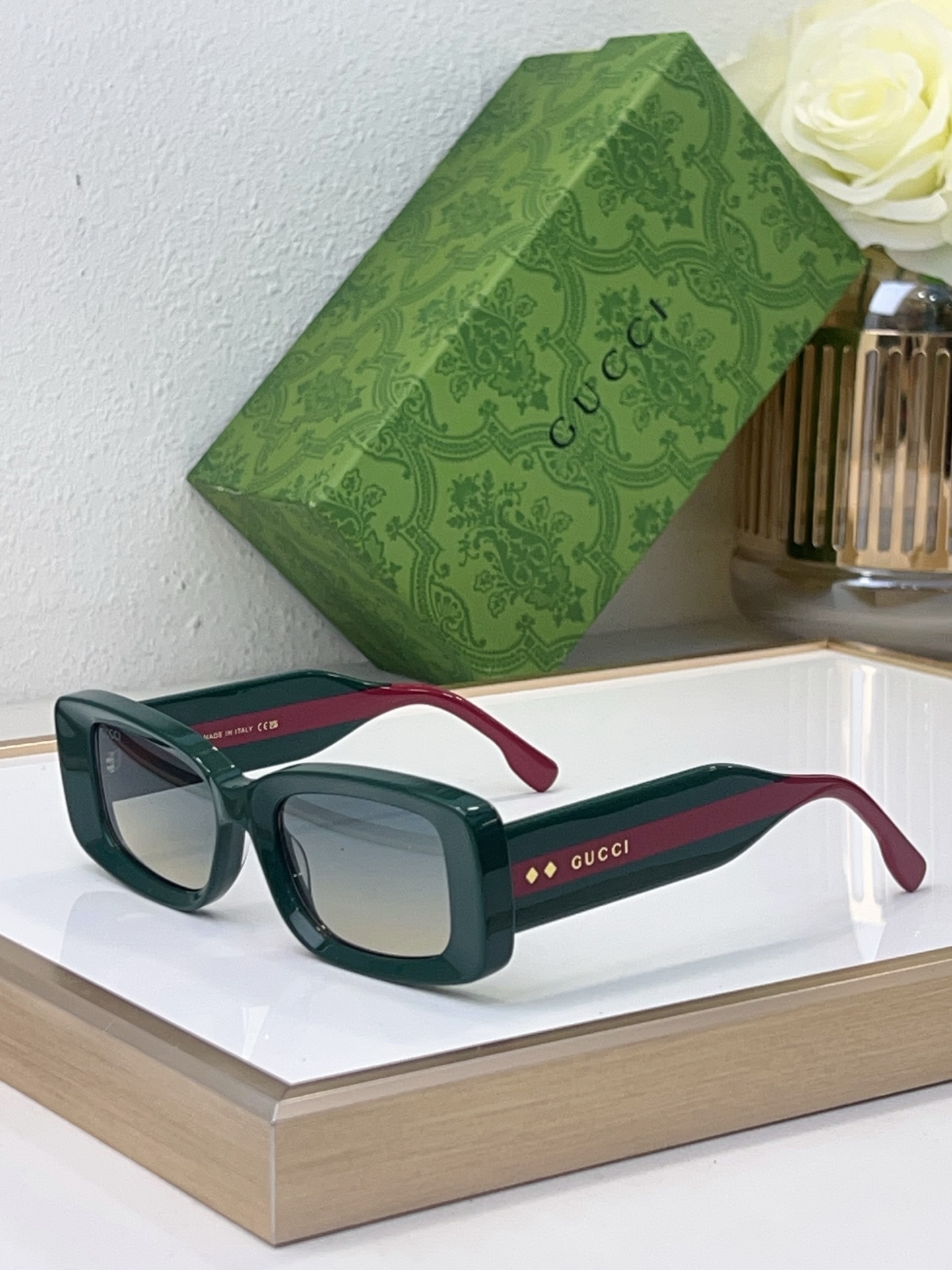 Gucci Square - Frame Sunglasses with Green - Red Web Stripe & Gold - Tone Accents
