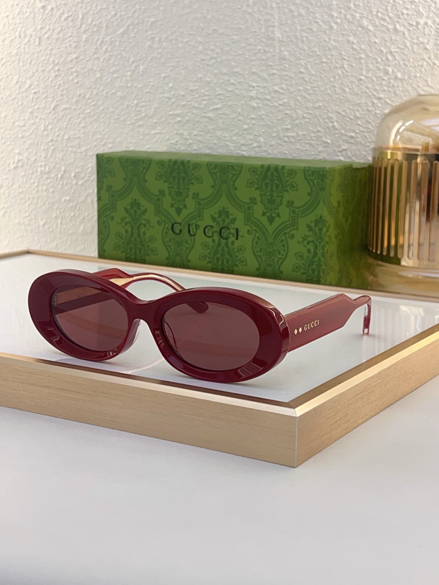 Gucci Red Oval - Frame Sunglasses with Gold - Tone Temple Accents