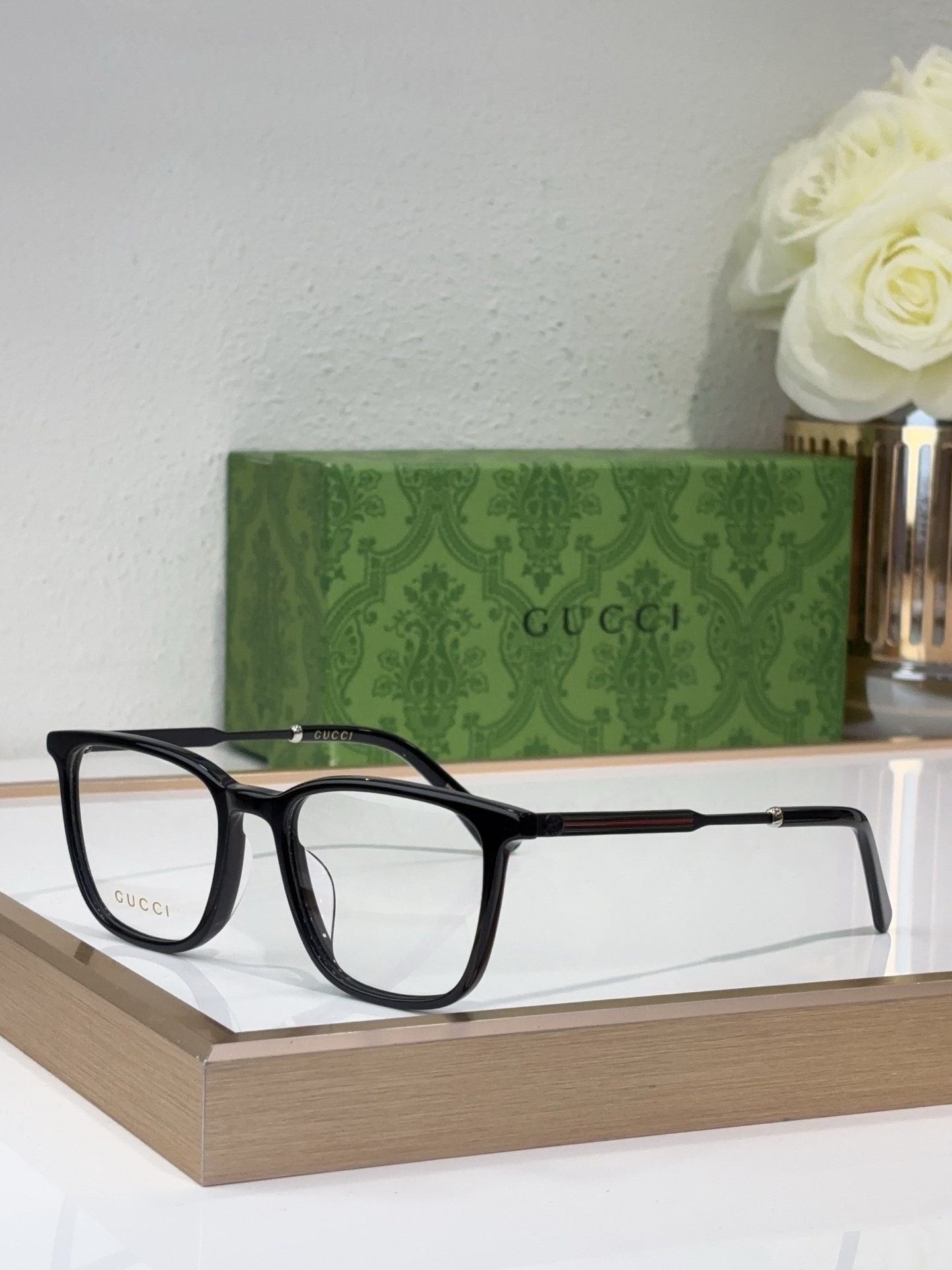 Gucci Square - Frame Optical Eyeglasses with Red Accents and Metal Detailing