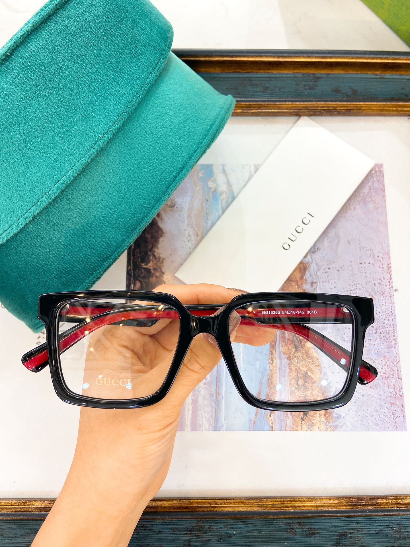 Gucci Square - Frame Optical Eyeglasses with Red Accents (Model: GG1055S)