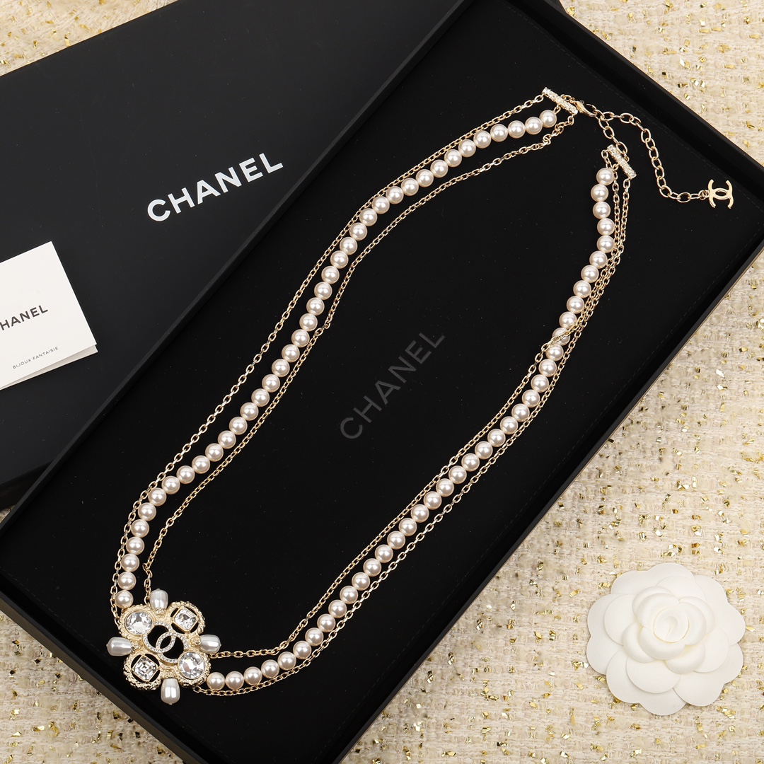 Chanel Multi - Strand Pearl & Crystal - Embellished Gold - Tone Chain Belt with Floral CC Motif