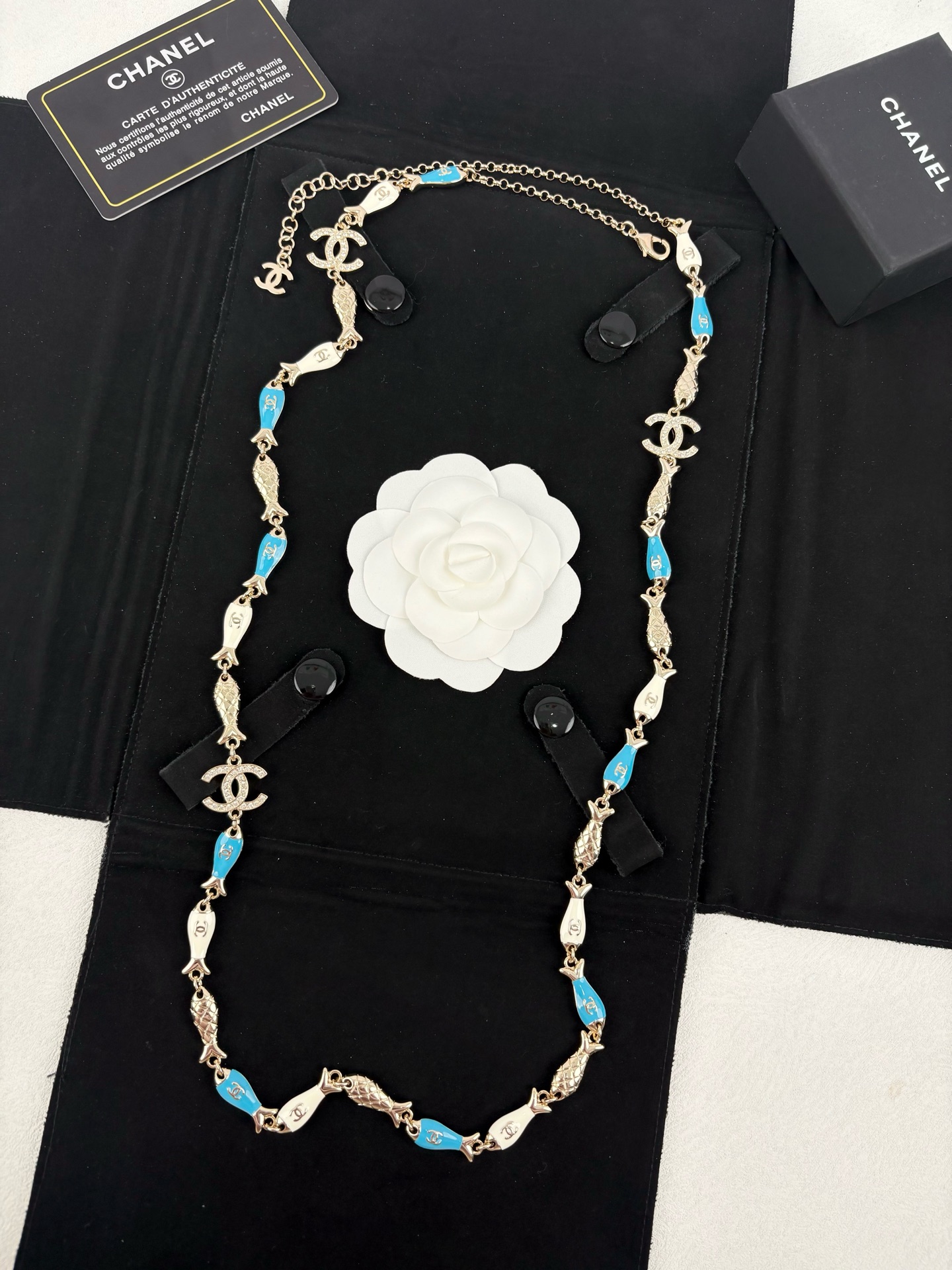 Chanel Gold - Tone Chain Belt with Blue Enamel Fish Motifs & CC Logos