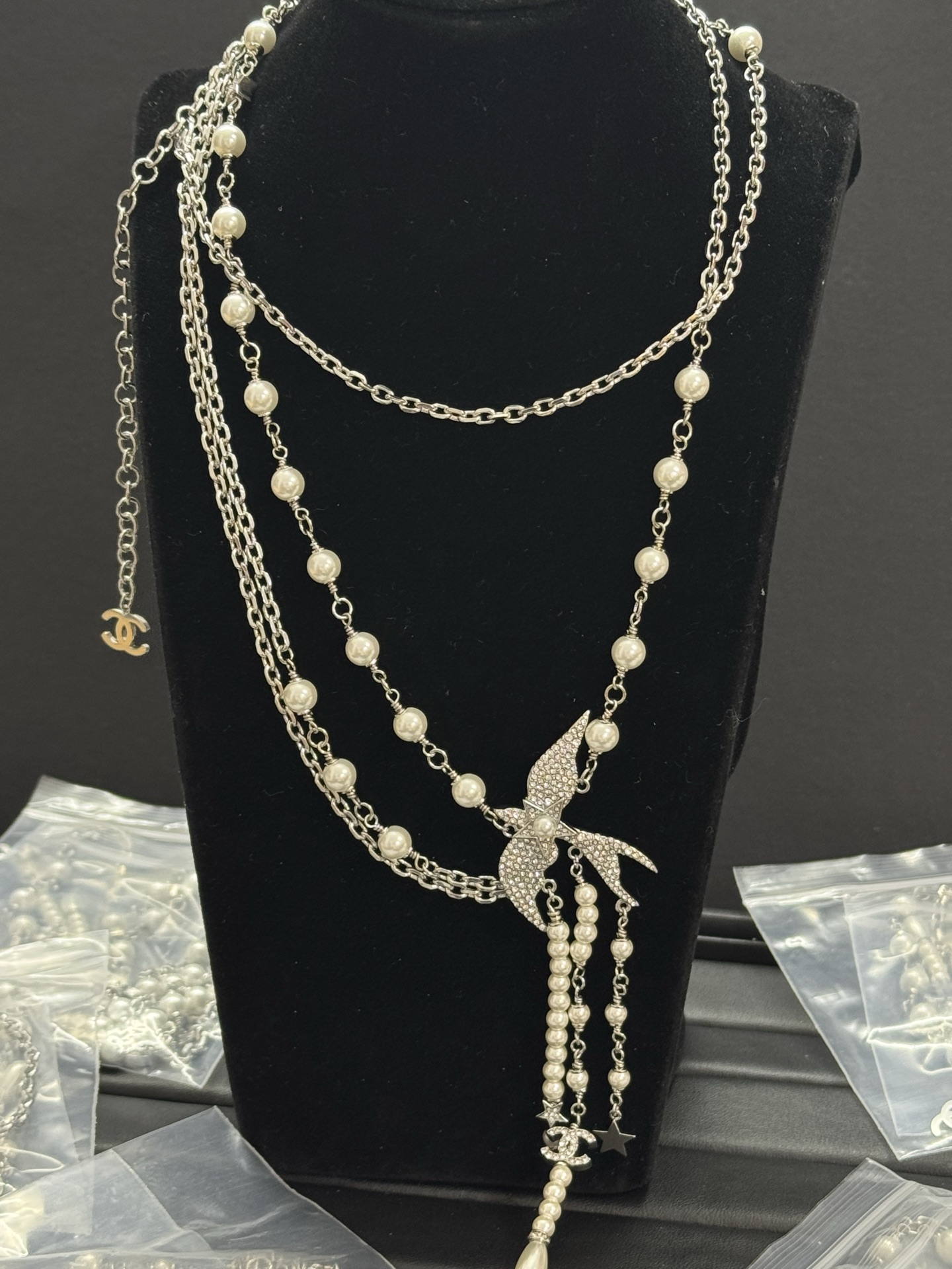 Chanel Silver - Tone Pearl & Crystal - Embellished Bird & CC Logo Chain Belt