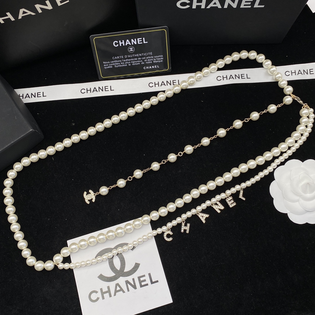 Chanel Multi - Strand Pearl Chain Belt with Crystal "CHANEL" Letters & CC Charm
