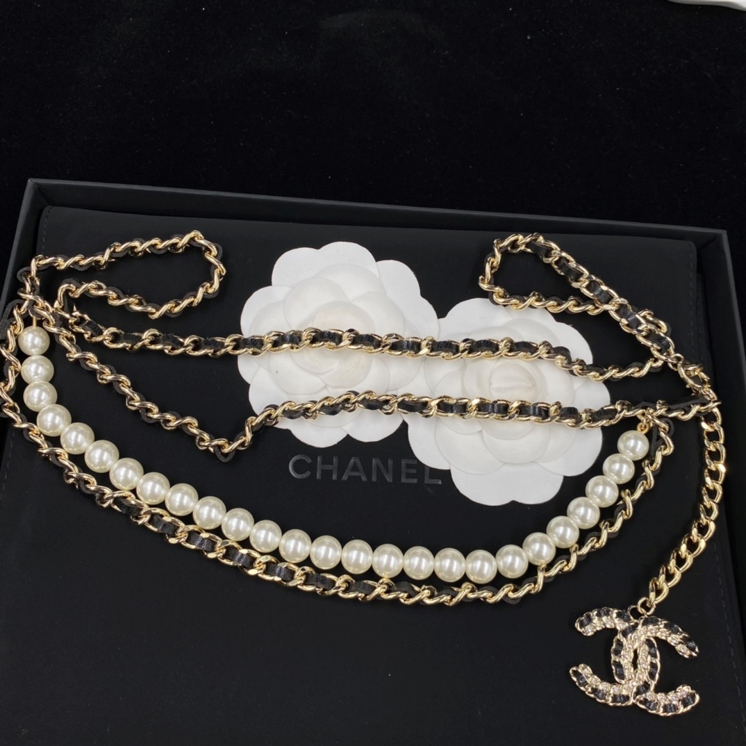 Chanel Multi - Strand Pearl & Black - Gold Chain Belt with Crystal - Embellished CC Charm