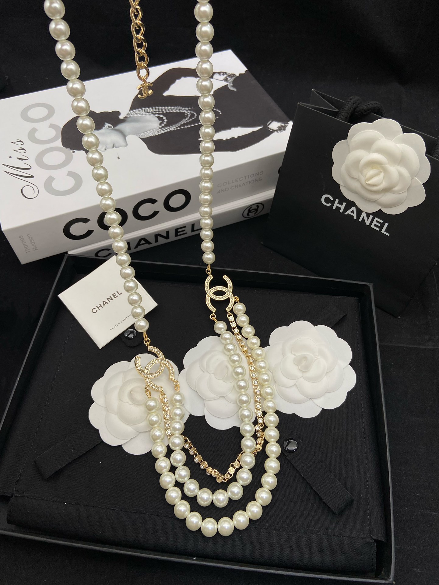 Chanel Multi - Strand Pearl Necklace with Gold - Tone CC Accents