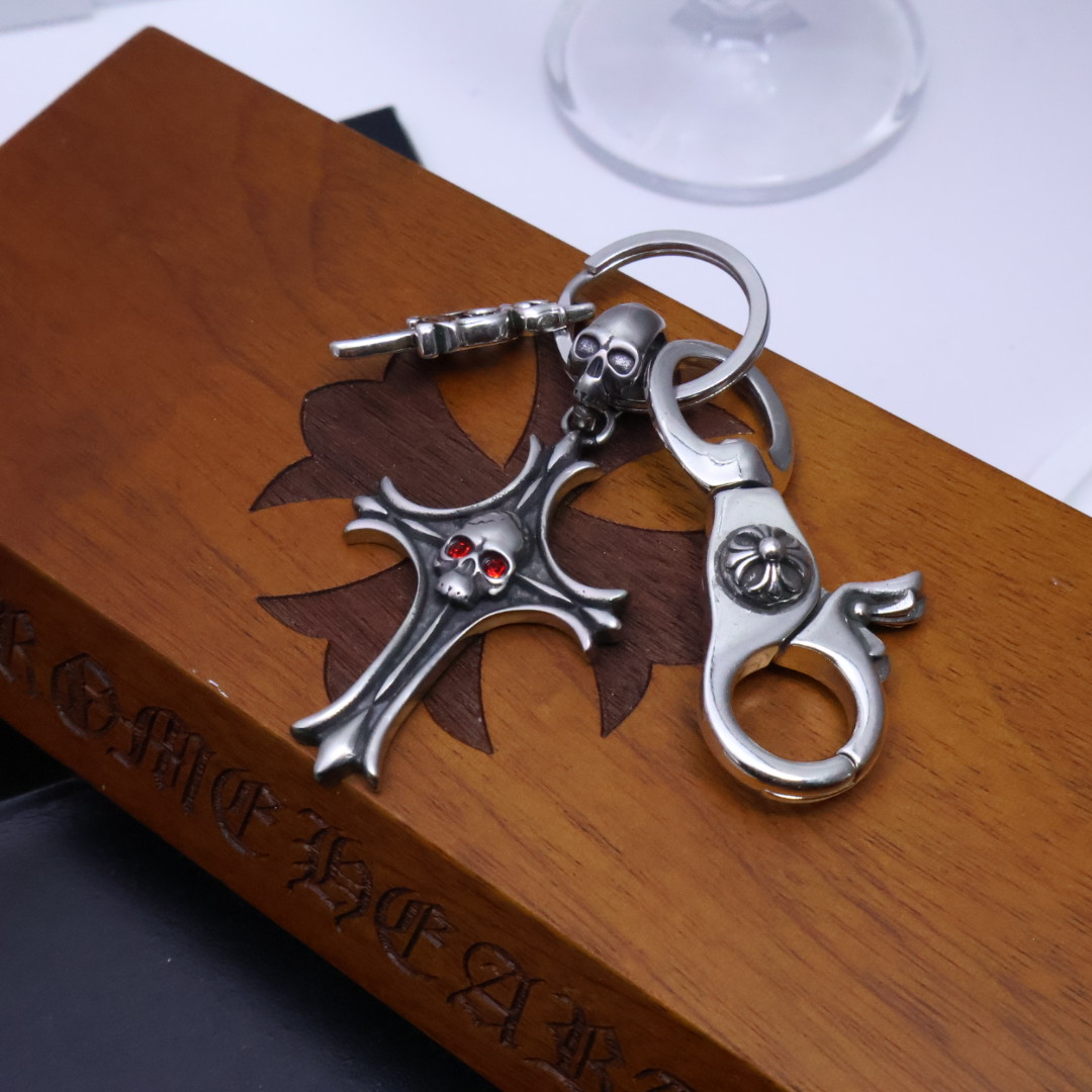Chrome Hearts 925 Silver Skull & Cross Keychain with Red Eye Detail