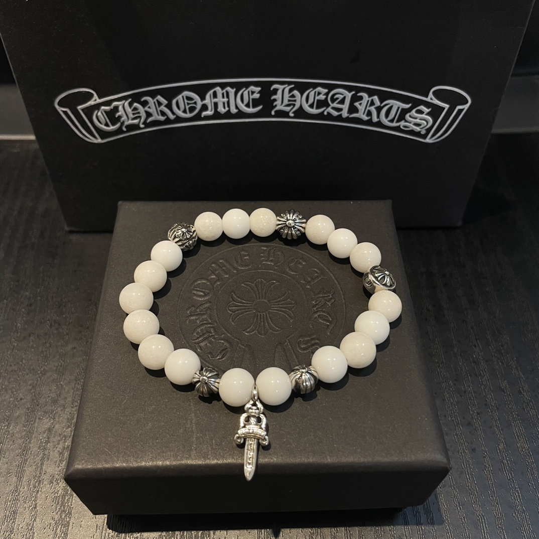 Chrome Hearts 925 Silver White Gemstone Bracelet with Sword Charm