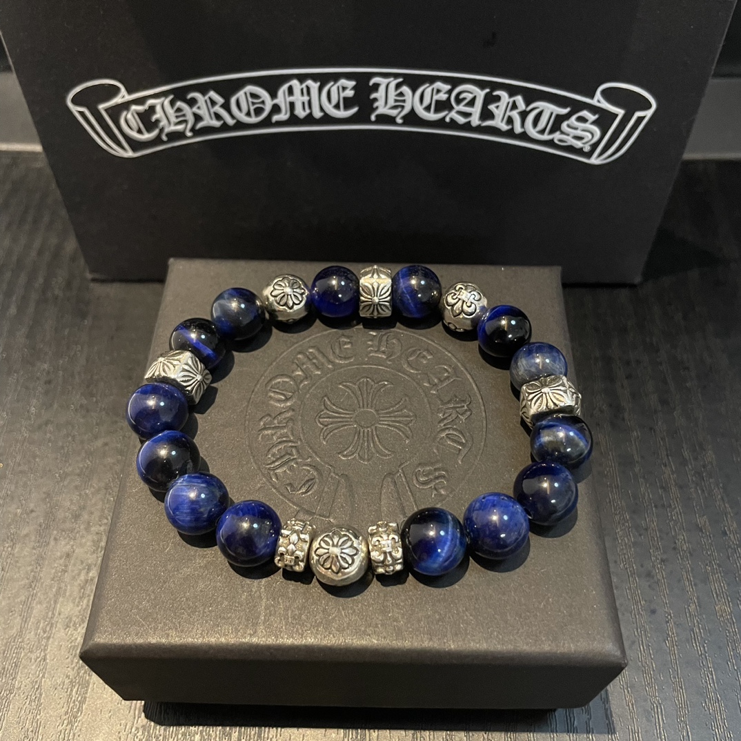 Chrome Hearts 925 Silver Blue Kyanite Bead Bracelet with Floral Engravings
