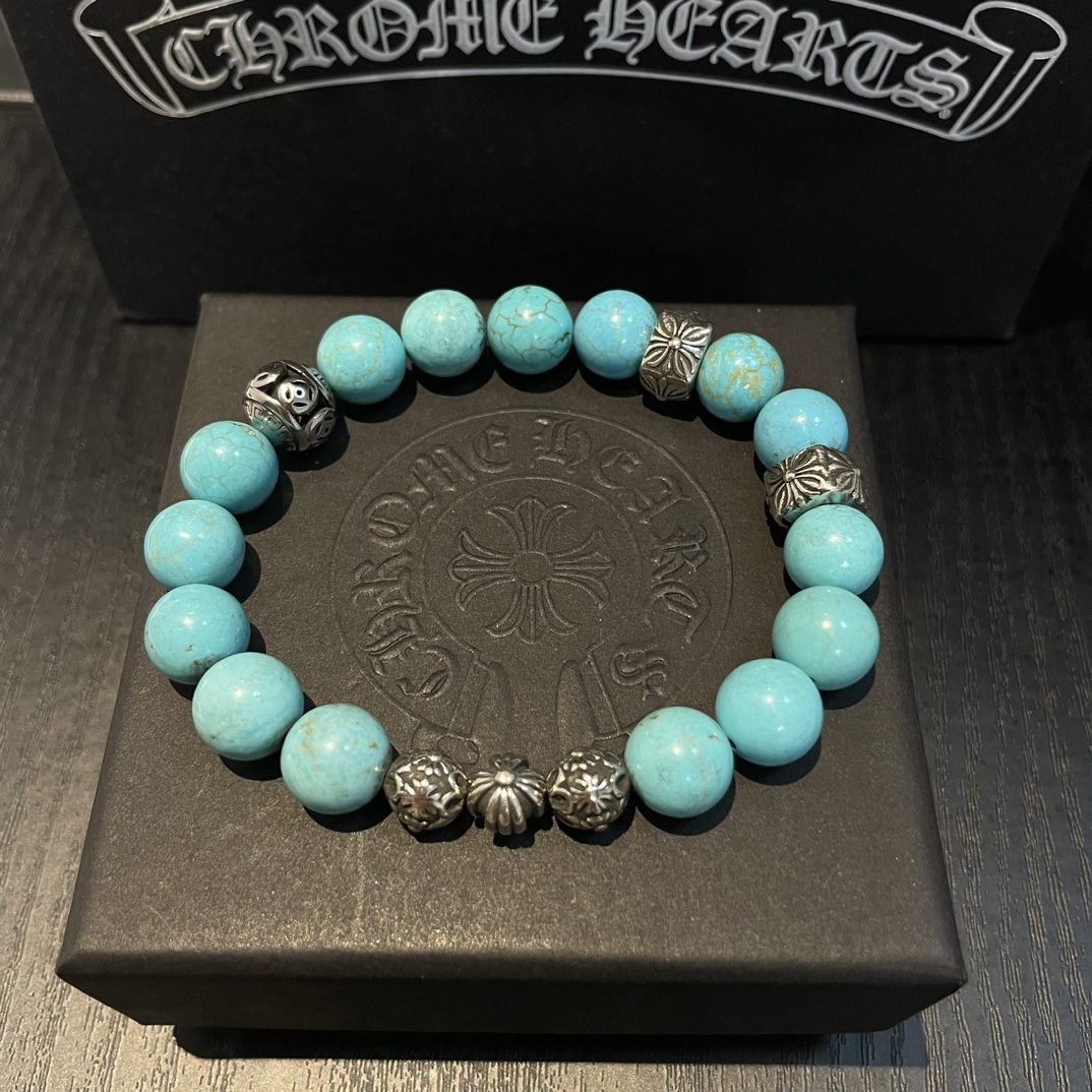 Chrome Hearts 925 Silver Turquoise Bead Bracelet with Engraved Accents