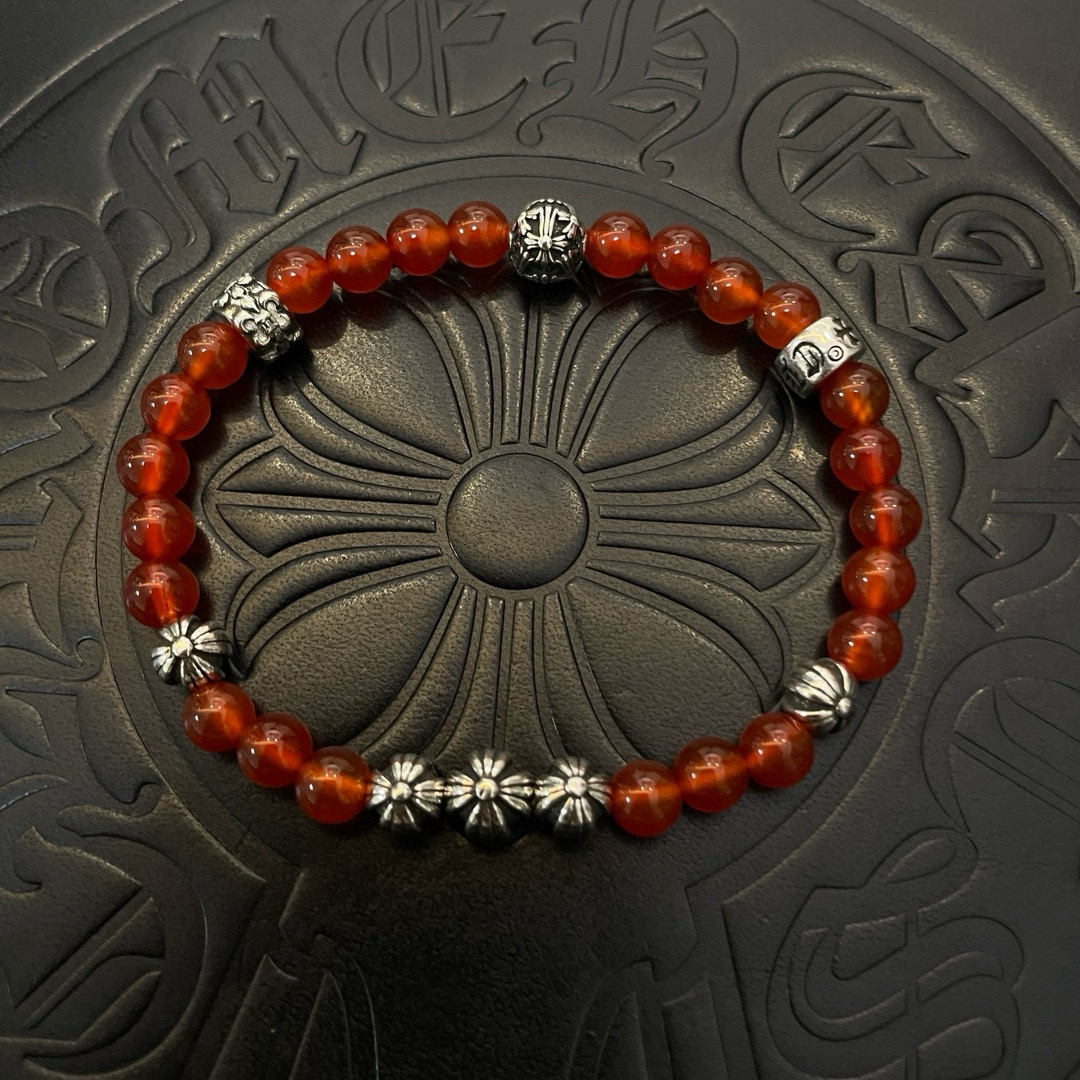 Chrome Hearts 925 Silver Red Agate Bead Bracelet