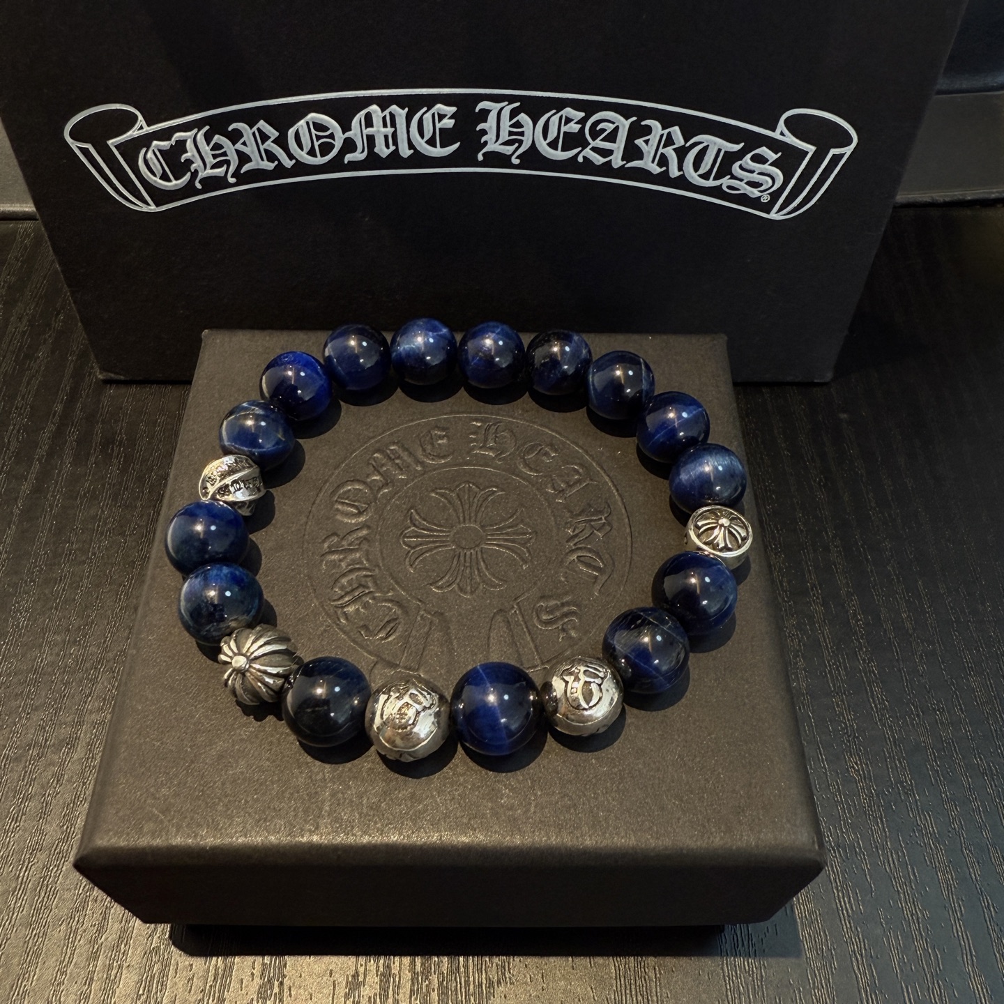 Chrome Hearts 925 Silver Blue Bead Bracelet with Engraved Charms