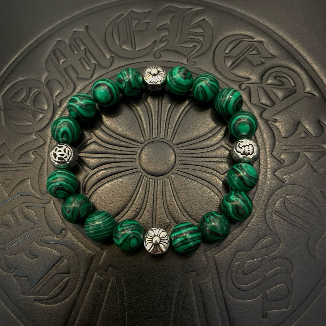Chrome Hearts 925 Silver Malachite Bead Bracelet with Floral Accents
