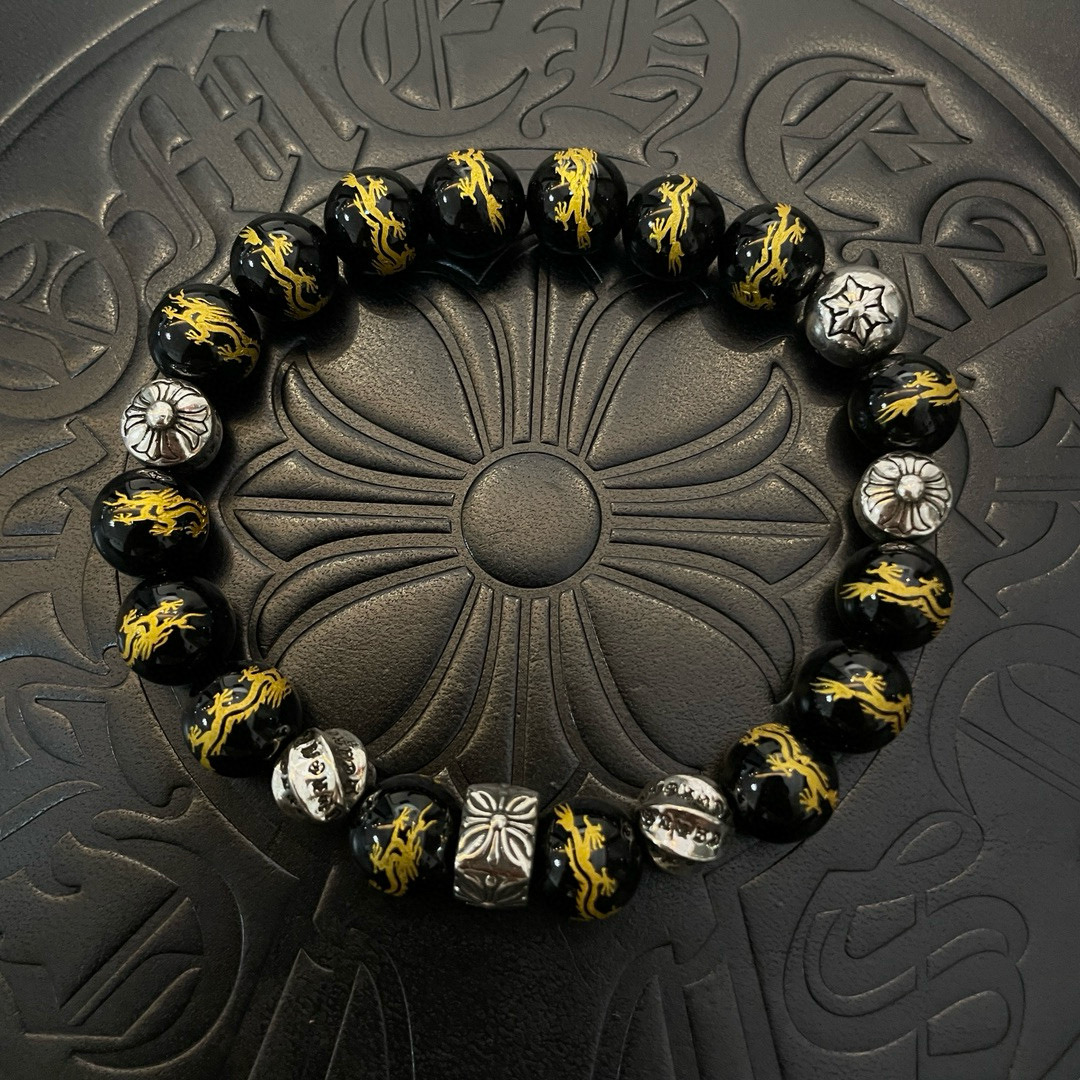 Chrome Hearts 925 Silver Dragon - Motif Black Bead Bracelet