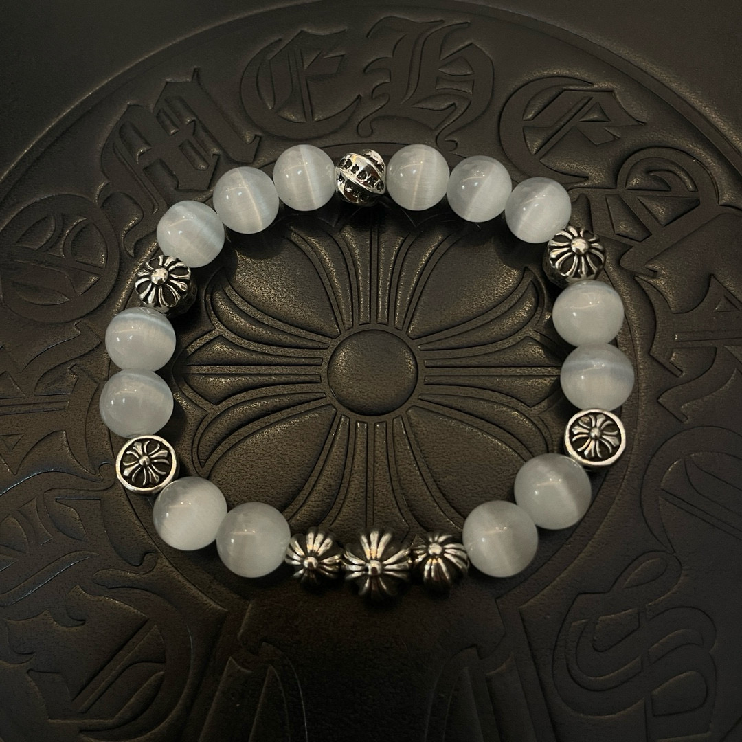 Chrome Hearts 925 Silver Moonstone - Bead Bracelet with Engraved Accents