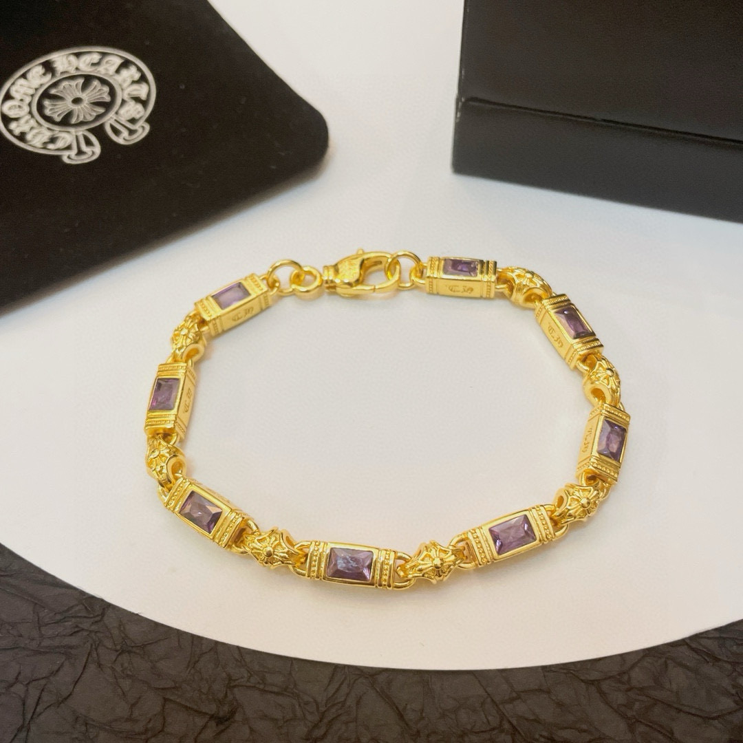 Chrome Hearts 925 Silver Gold - Plated Amethyst Gemstone Bracelet