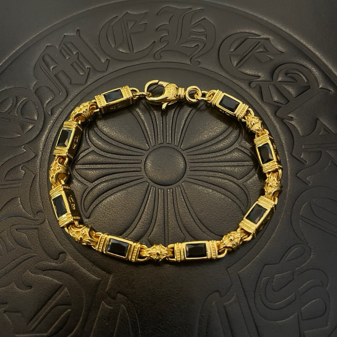 Chrome Hearts 925 Silver Gold - Plated Black Gemstone Bracelet