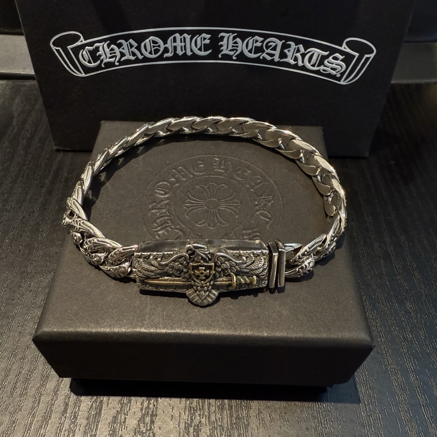 Chrome Hearts 925 Silver Braided Chain Bracelet with Eagle - Sword Emblem