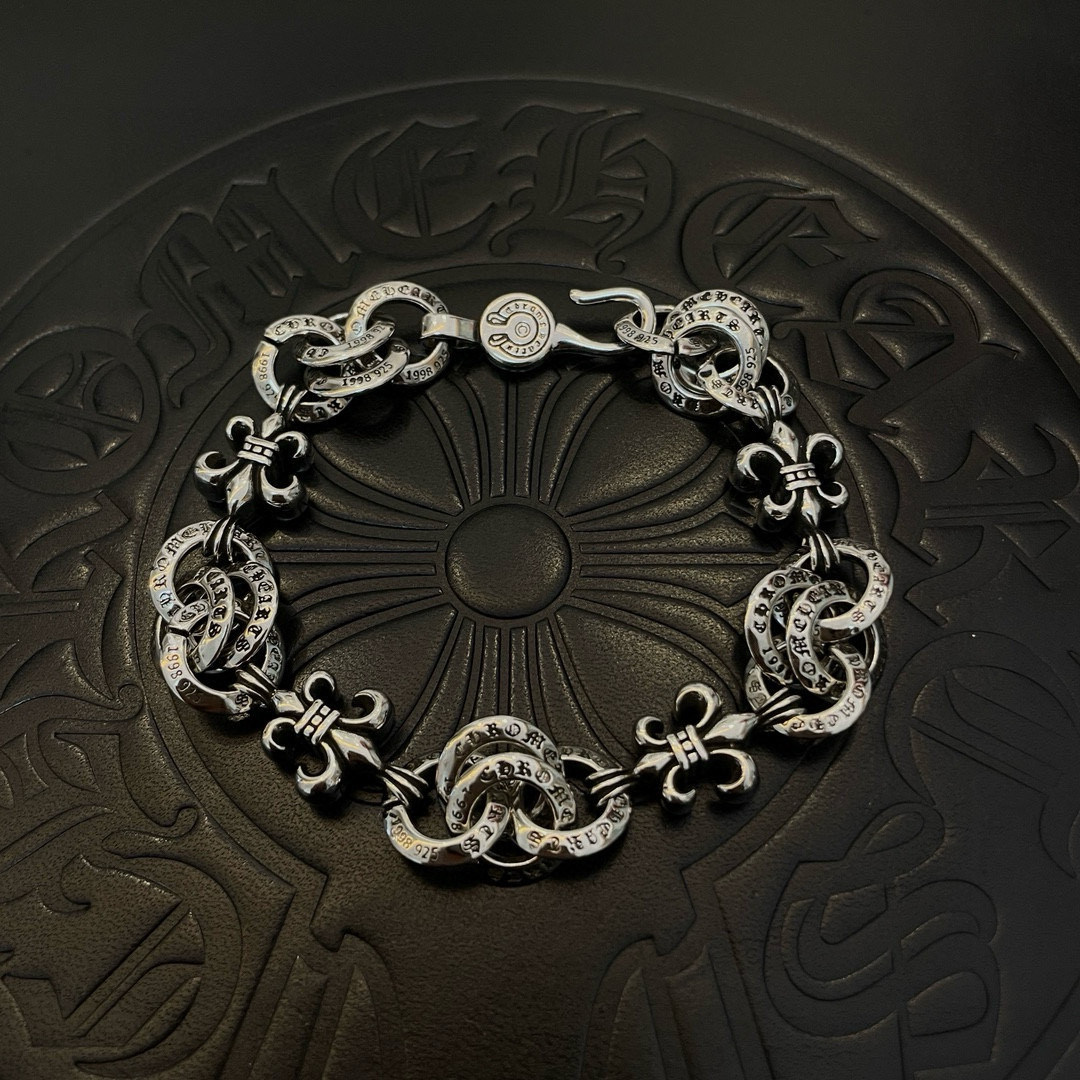 Chrome Hearts 925 Silver Fleur - de - Lis & Engraved Intertwined Rings Bracelet