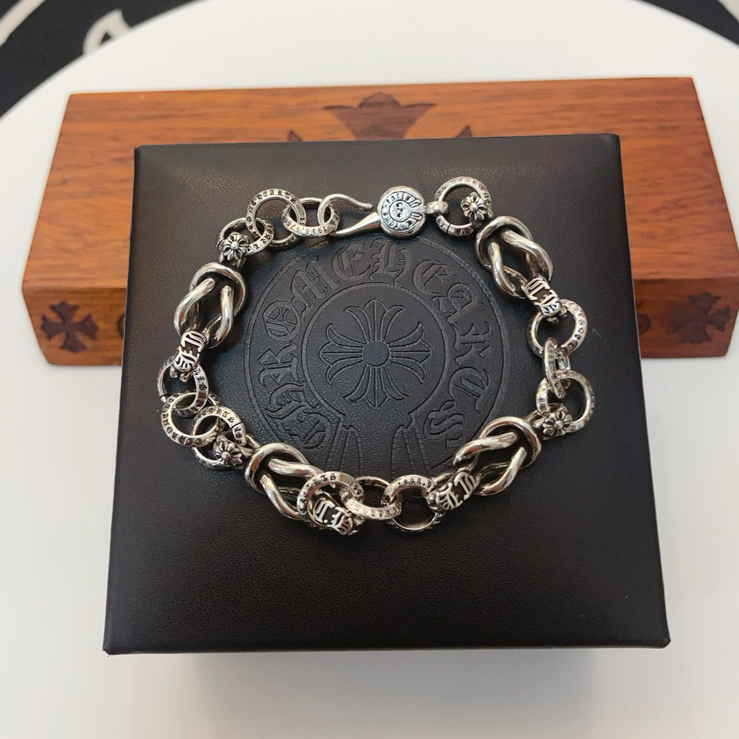 Chrome Hearts 925 Silver Engraved Cross & Linked Ring Bracelet