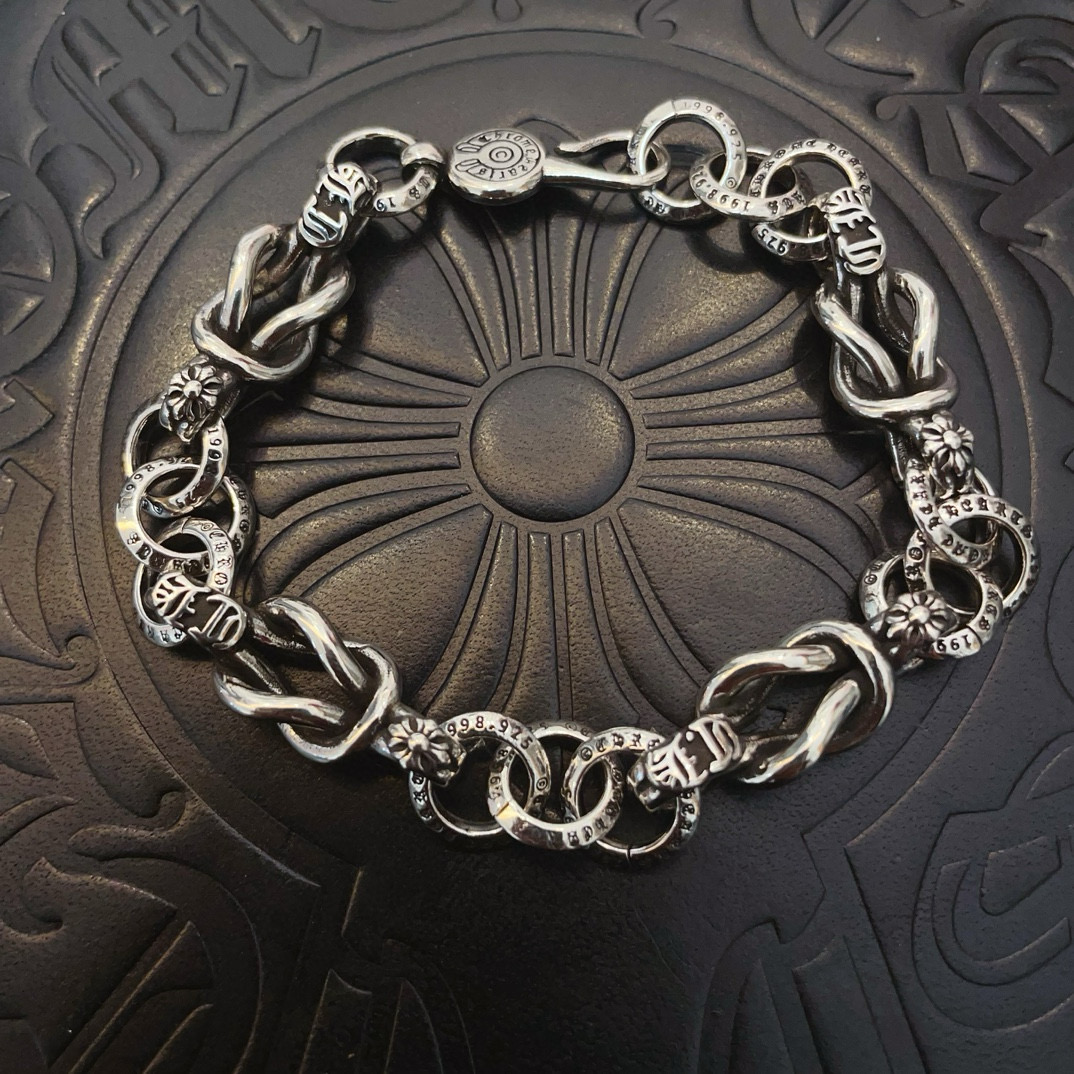 Chrome Hearts 925 Silver Engraved Interlocking Chain Bracelet