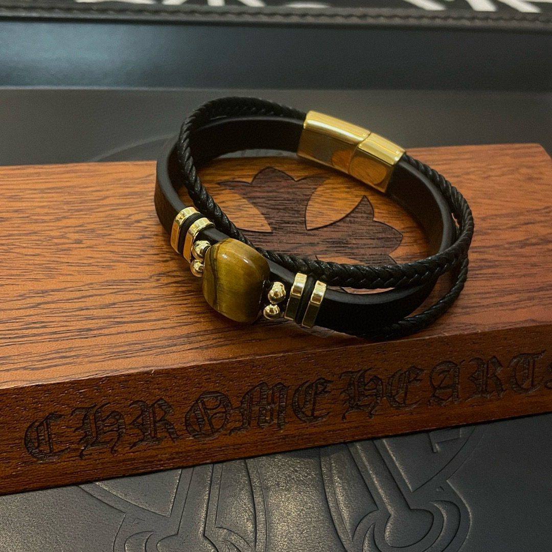Chrome Hearts 925 Silver Gold - Plated Tiger’s Eye Black Leather Wrap Bracelet