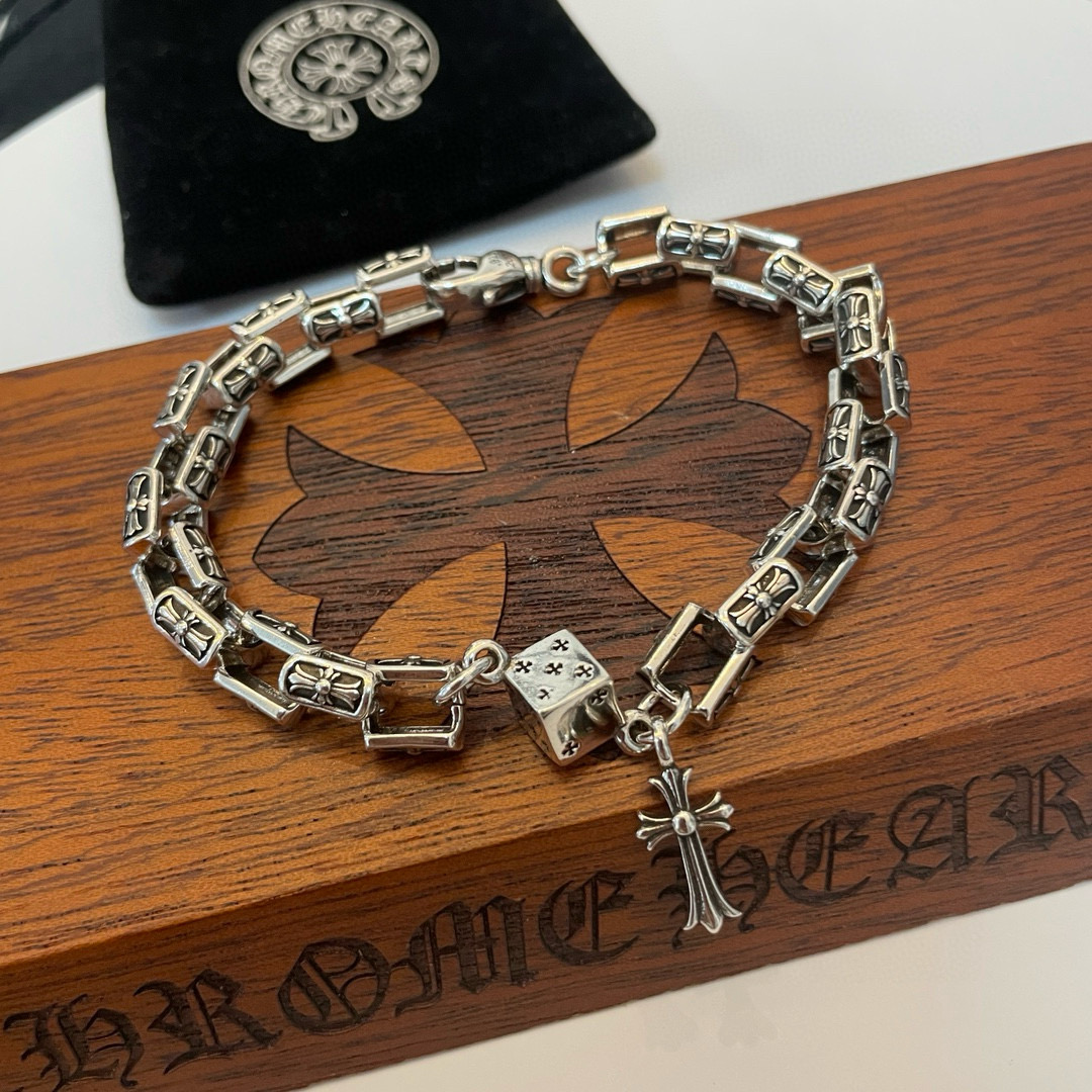Chrome Hearts 925 Silver Cross - Engraved Chain Bracelet with Dice & Mini Cross Charms
