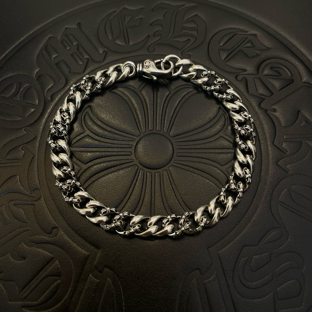 Chrome Hearts 925 Sterling Silver Engraved Cuban Chain Bracelet