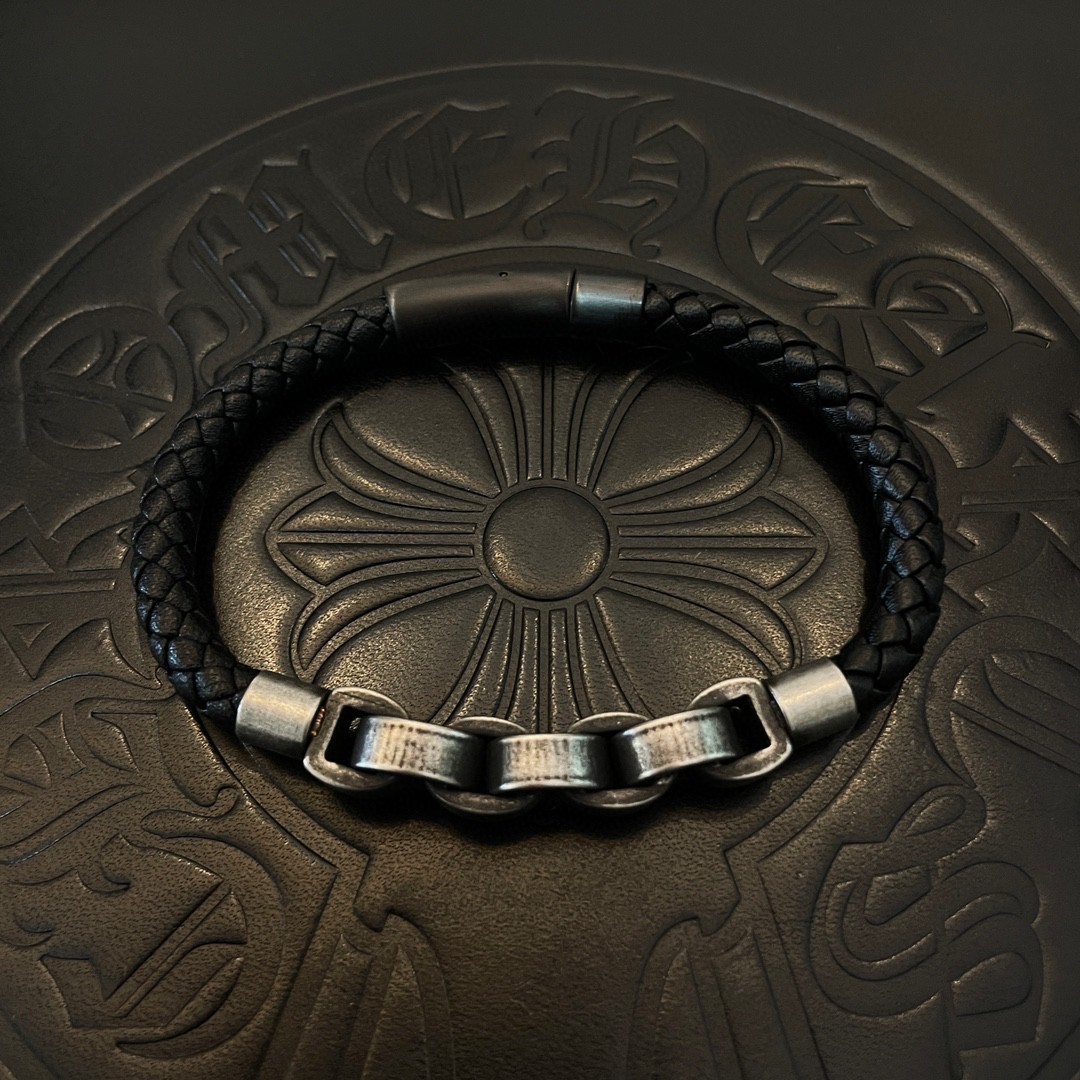 Chrome Hearts 925 Silver Chain - Link Black Braided Leather Bracelet
