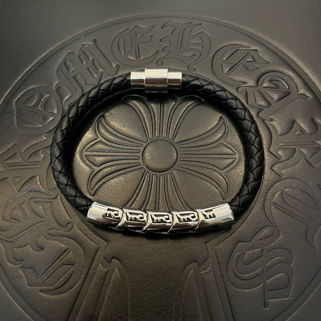 Chrome Hearts 925 Silver Engraved Bar Black Braided Leather Bracelet