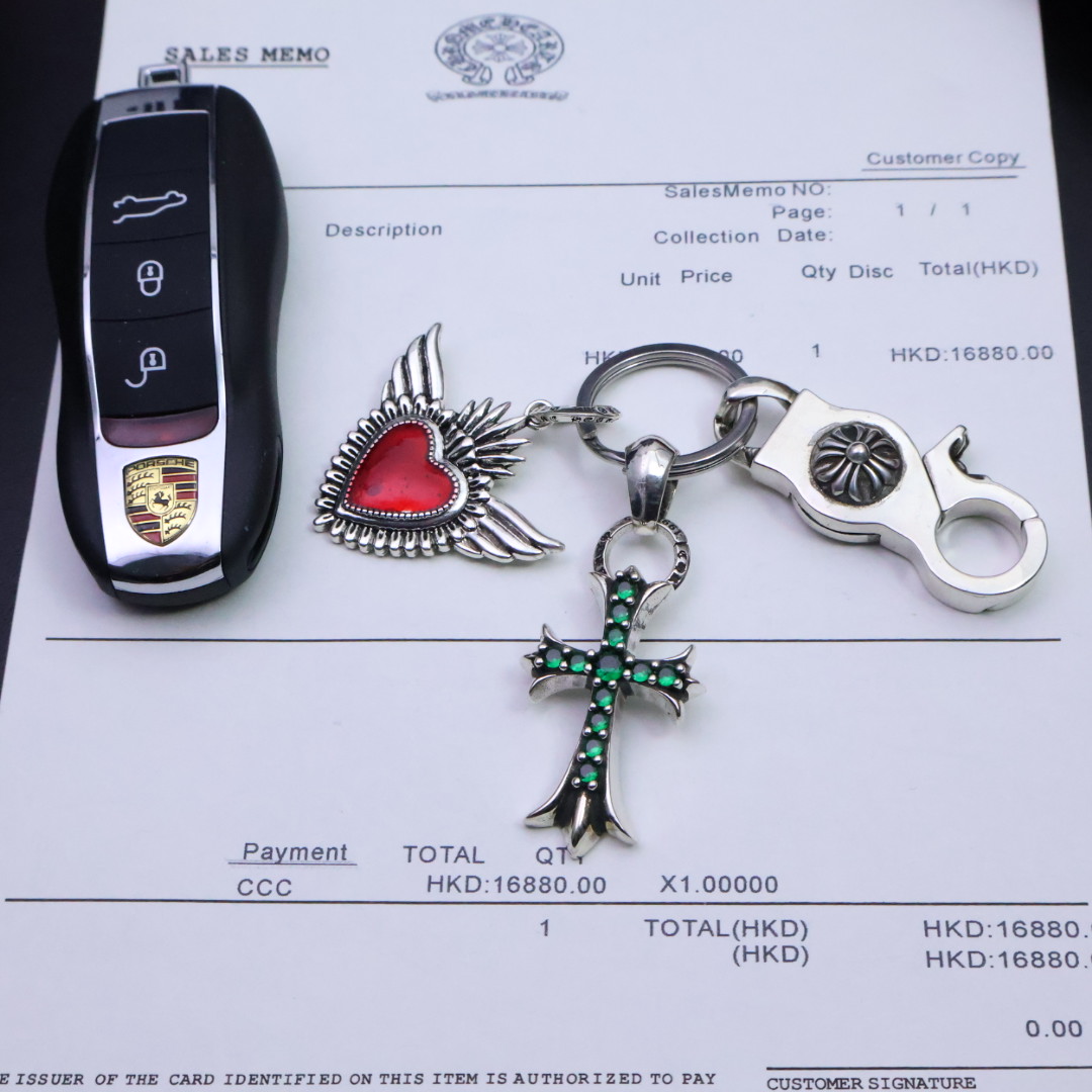 Chrome Hearts 925 Silver Winged Red - Enamel Heart & Emerald - Inlaid Cross Keychain