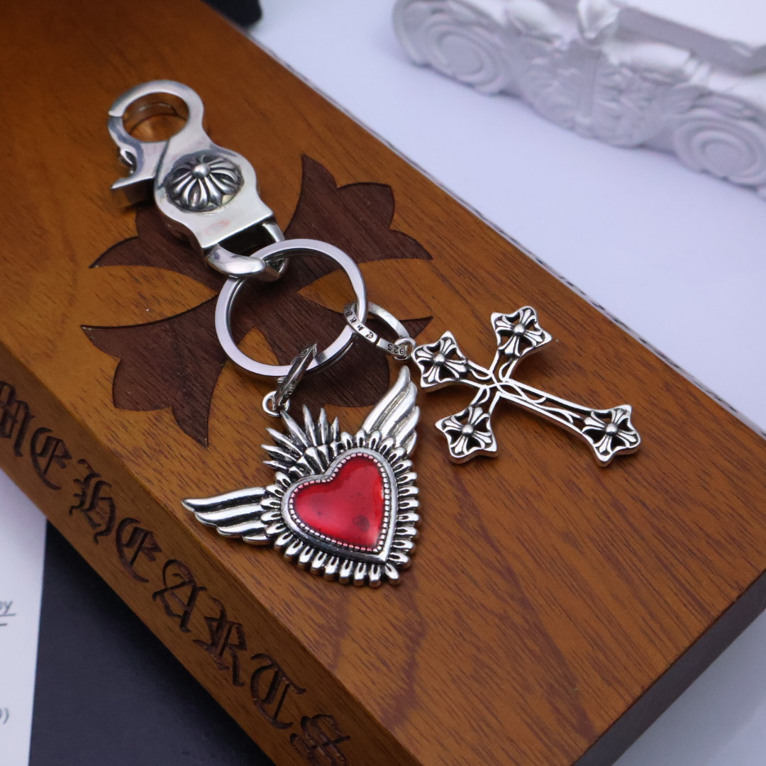 Chrome Hearts 925 Silver Winged Red - Enamel Heart & Filigree Cross Keychain