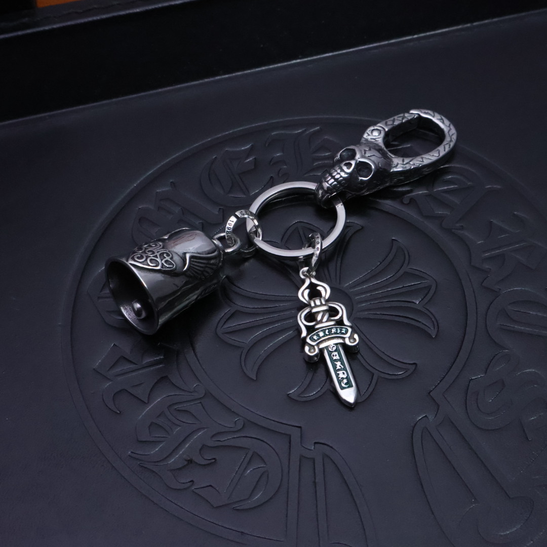 Chrome Hearts 925 Silver Bell & Cross Keychain with Ornate Clasp
