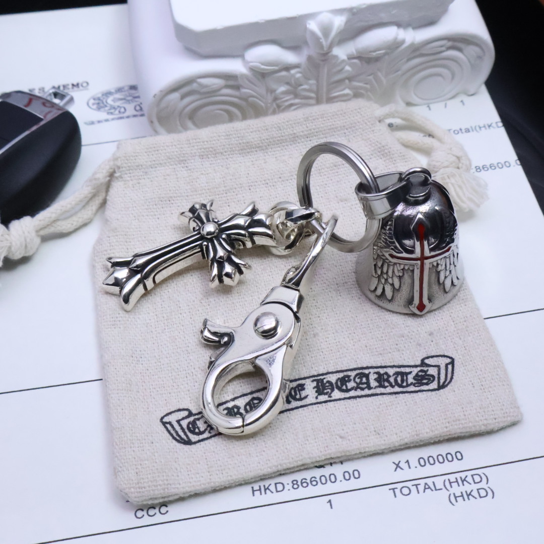 Chrome Hearts 925 Silver Bell & Cross Keychain with Ornate Clasp