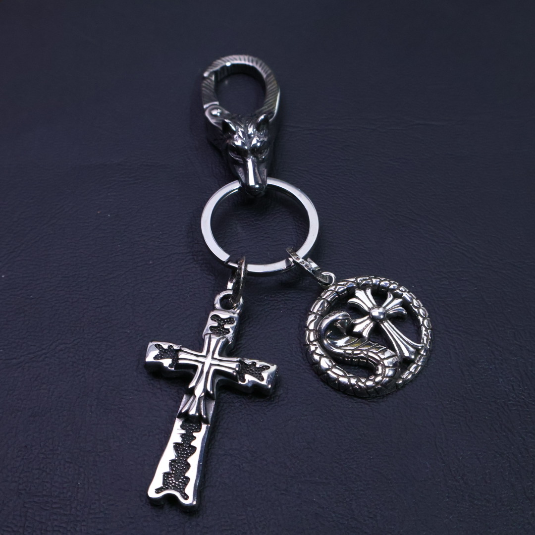 Chrome Hearts 925 Silver Wolf - Clasp Dual Cross Keychain (Snake - Wrapped & Textured Cross)