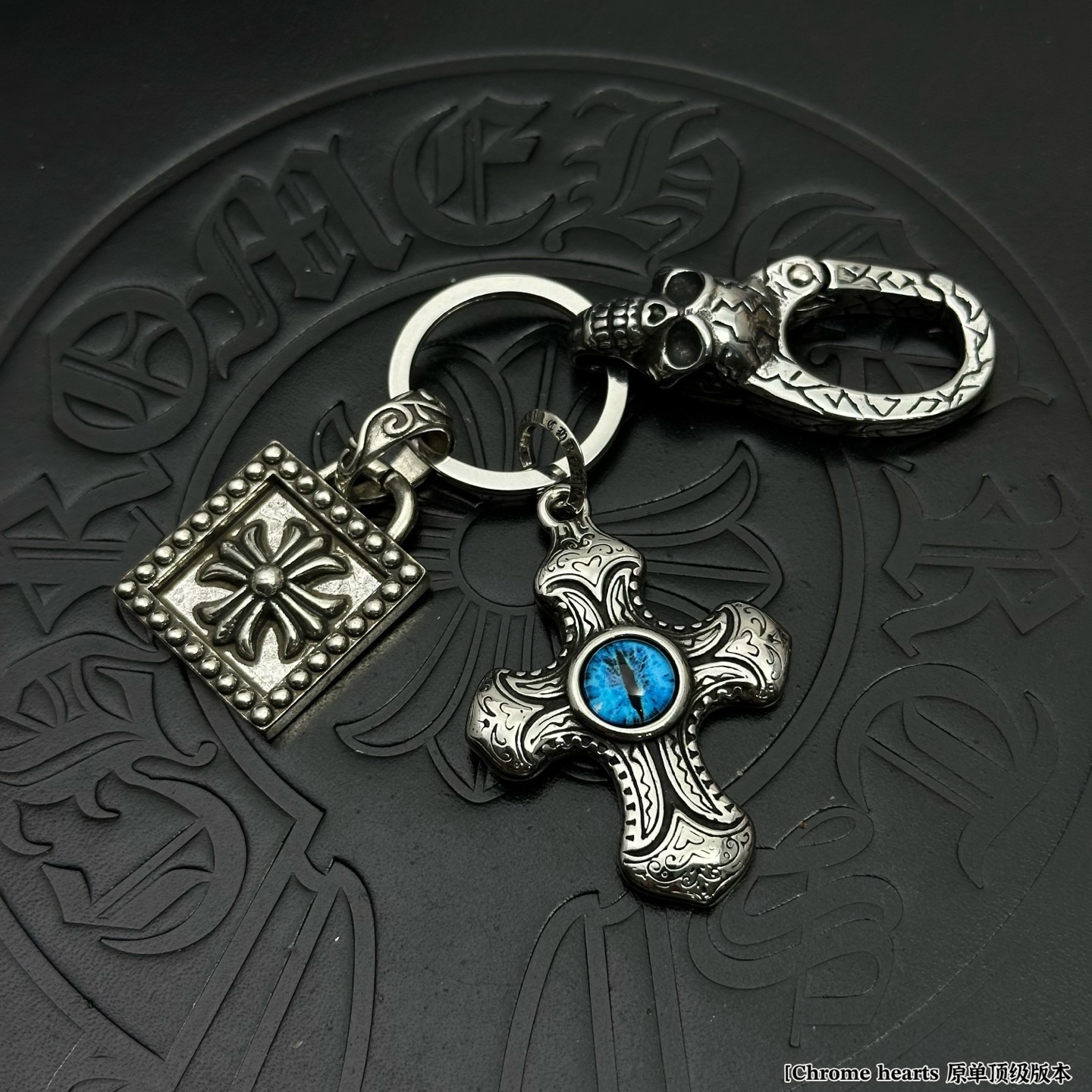 Chrome Hearts 925 Silver Skull - Clasp Square Cross & Evil - Eye Cross Keychain